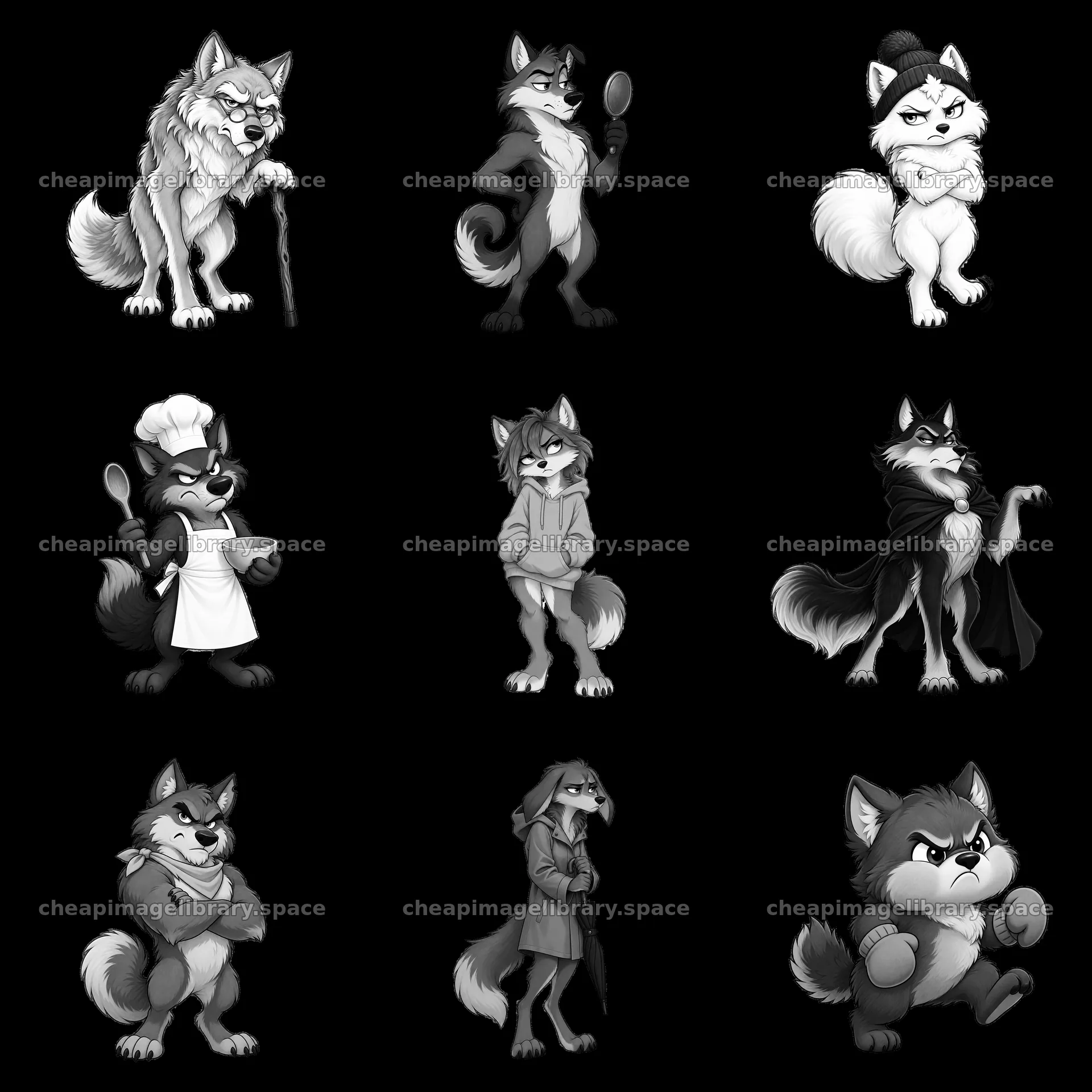 Grumpy wolf characters in various poses and actions arranged in grid – image library 7746x7746