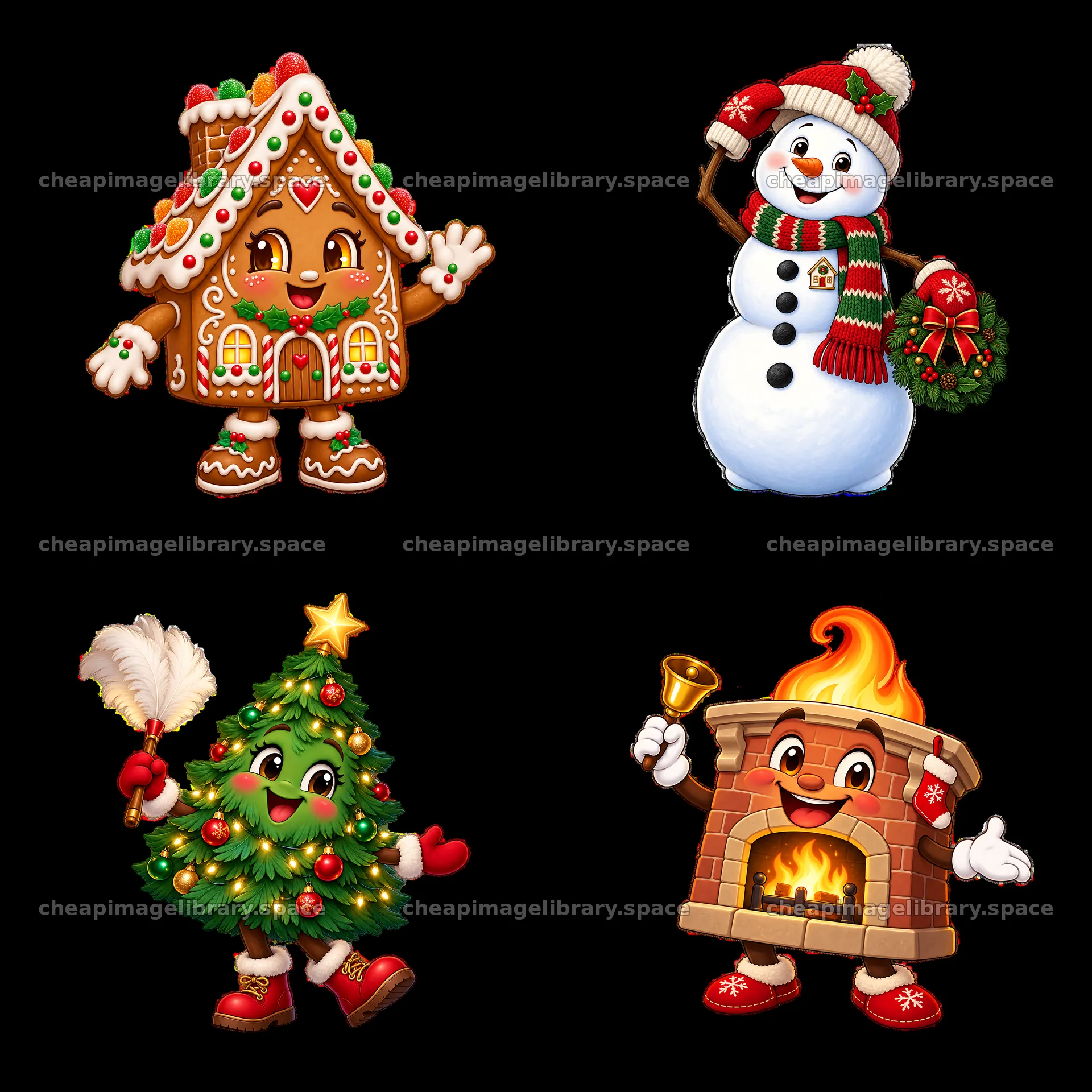 Christmas characters: gingerbread, snowman, tree, fireplace – image library 7746x7746
