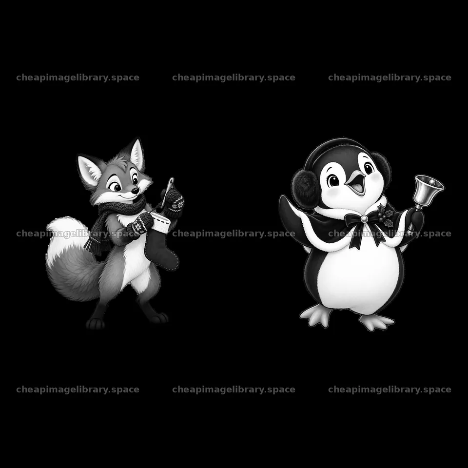 Fox holding Christmas stocking and penguin with bell illustration – image library 7746x7746