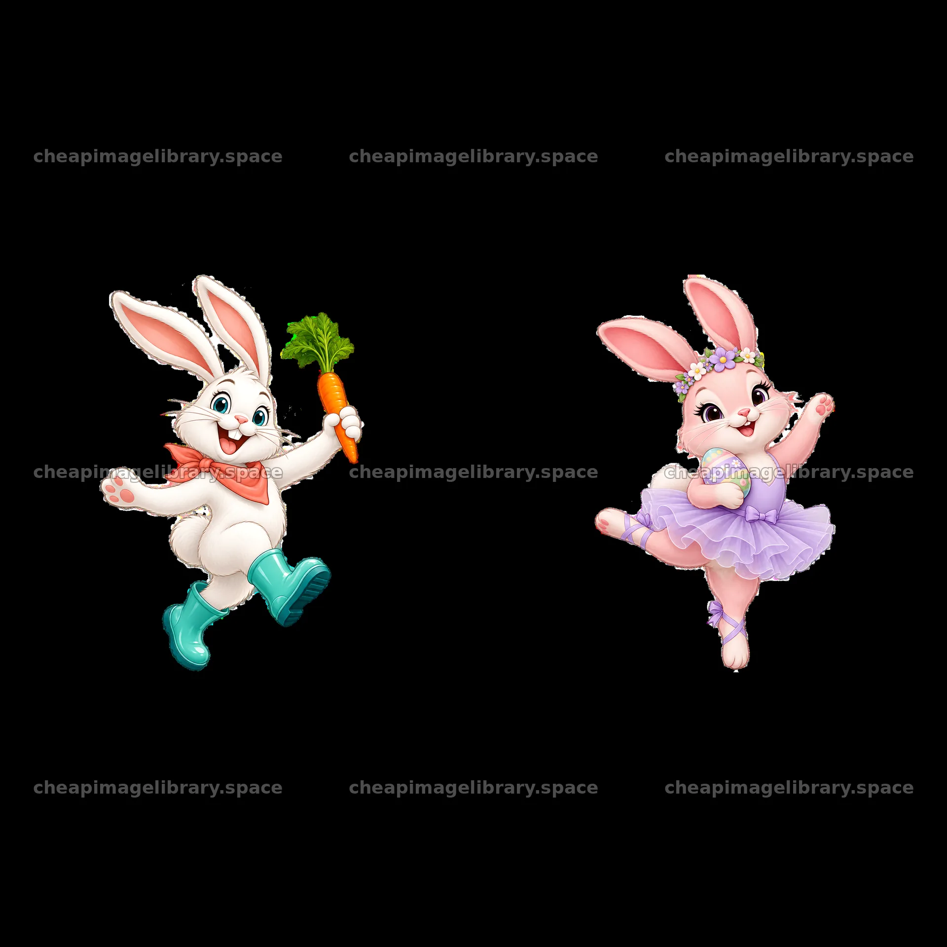 Easter bunnies celebrating with carrot and tutu outfit – image library 7746x7746