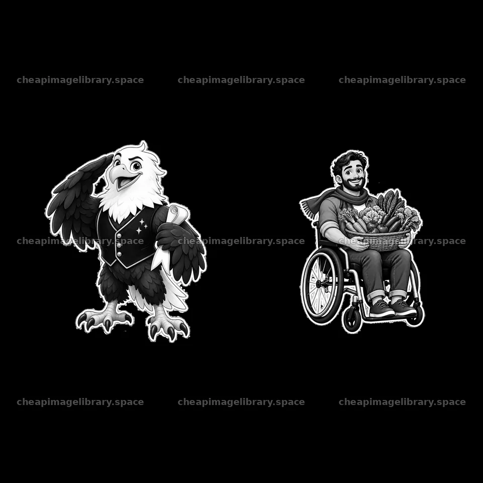 Eagle mascot poses next to a man in a wheelchair with produce – image library 7746x7746