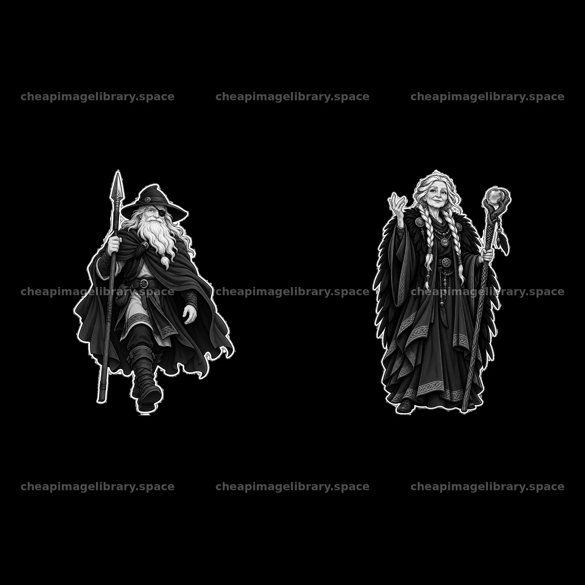 Odin and a Norse goddess walking together in black and white – image library 7746x7746