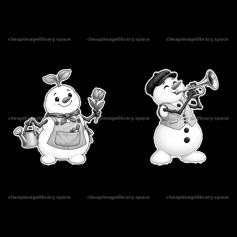 Snowman gardener with flower and snowman musician with trumpet – image library 7746x7746