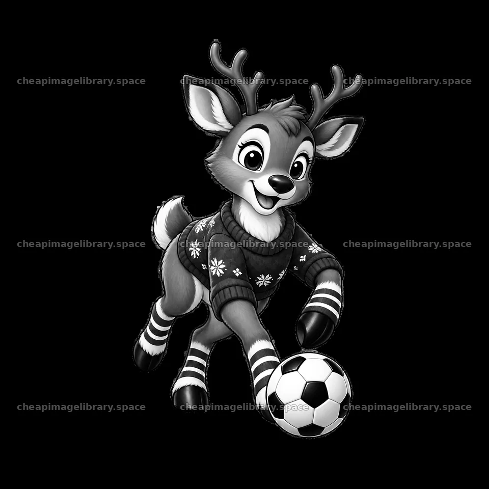 Reindeer playing soccer in Christmas sweater with ball – image library 7746x7746