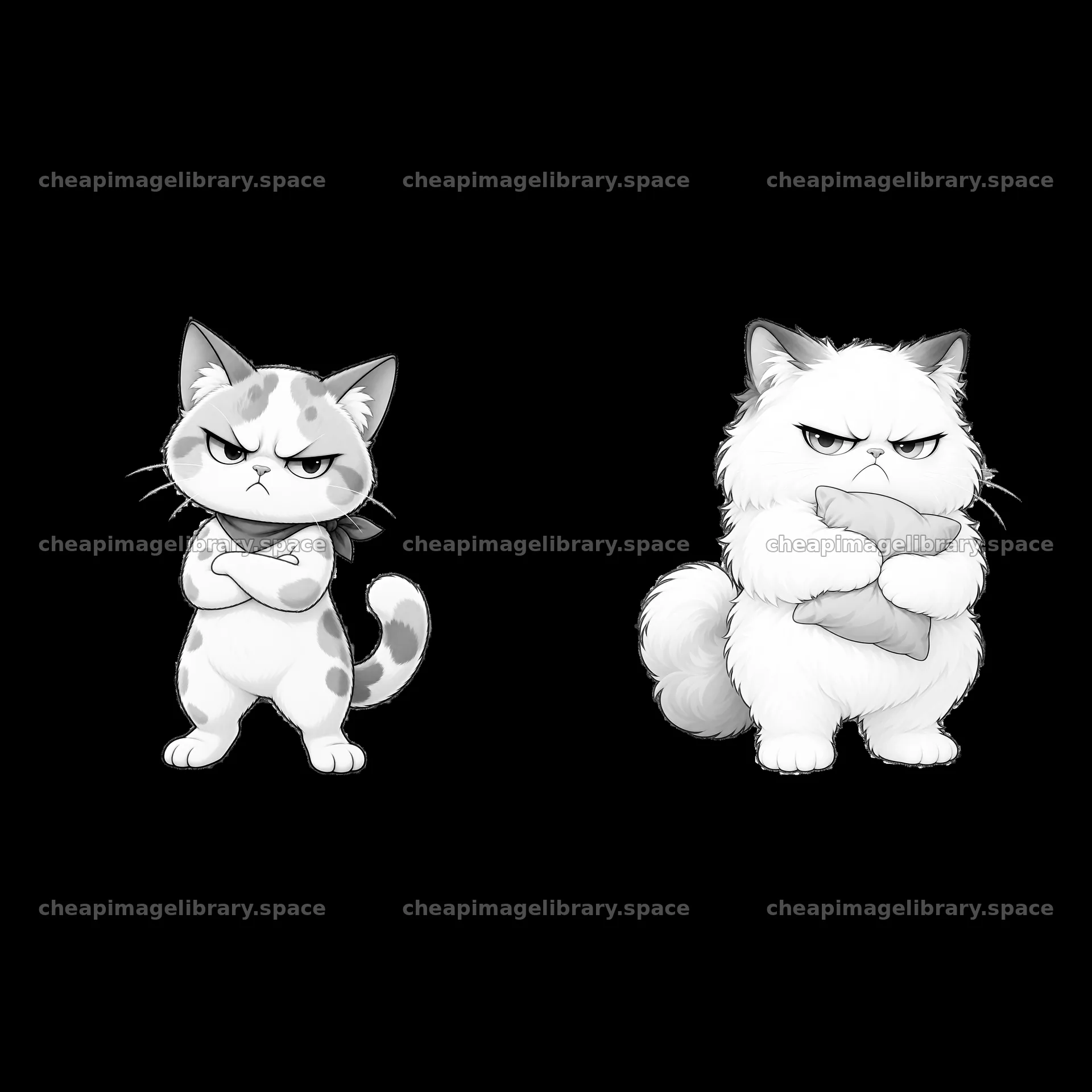 Kawaii grumpy cats with crossed arms and puffed tails – image library 7746x7746
