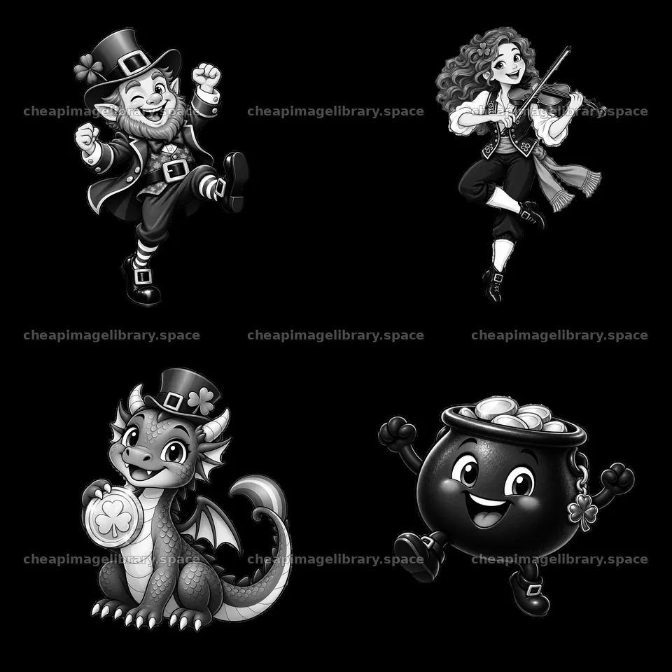 Cartoon characters celebrating St. Patrick's Day in black-and-white – image library 7746x7746
