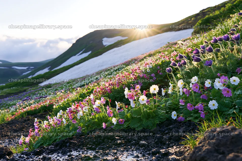 Daisetsuzan alpine meadow light rays illuminate blooming flowers – image library 9722x6480