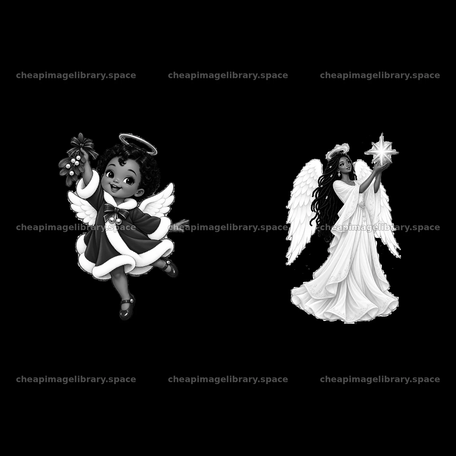 Two Christmas angels with accessories in black and white – image library 7746x7746