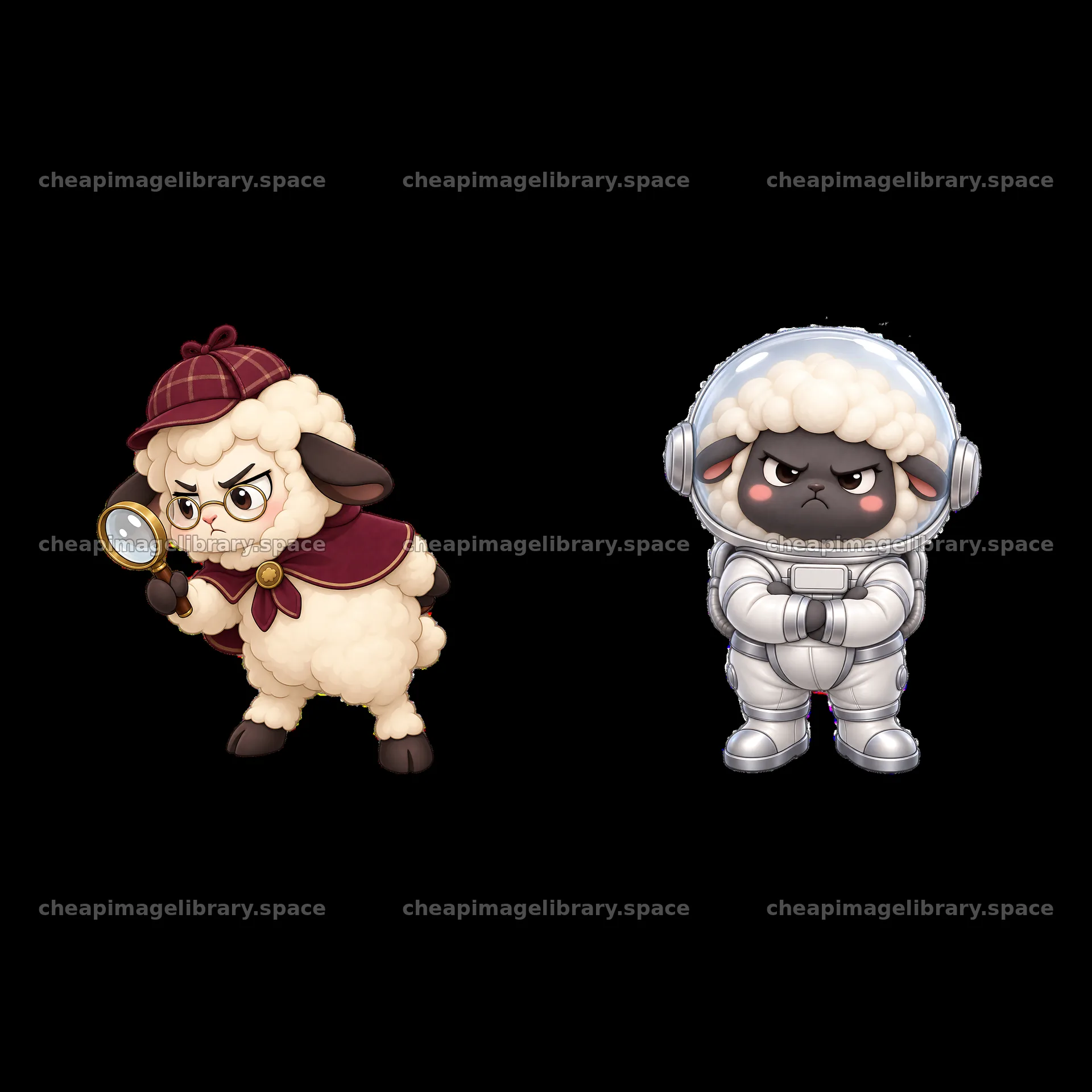 Kawaii grumpy sheep detective and astronaut character stickers – image library 7746x7746