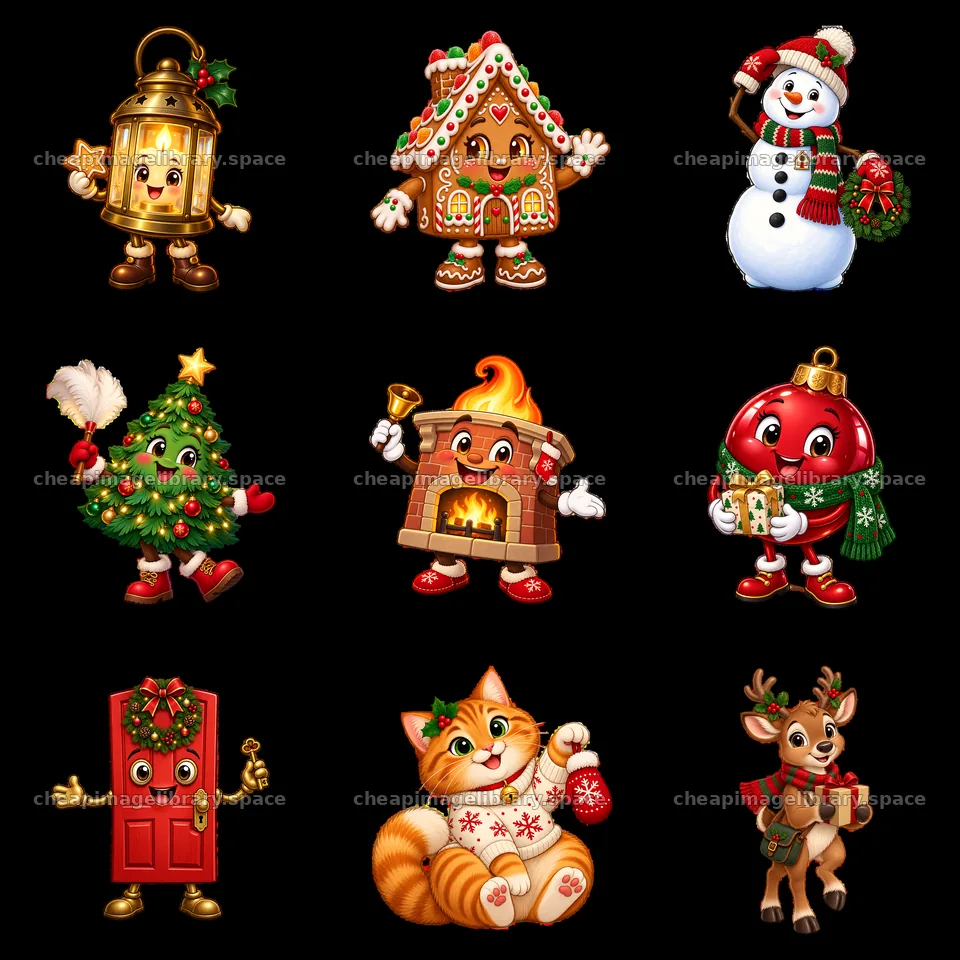 Christmas house characters in a 3x3 festive sticker grid – image library 7746x7746