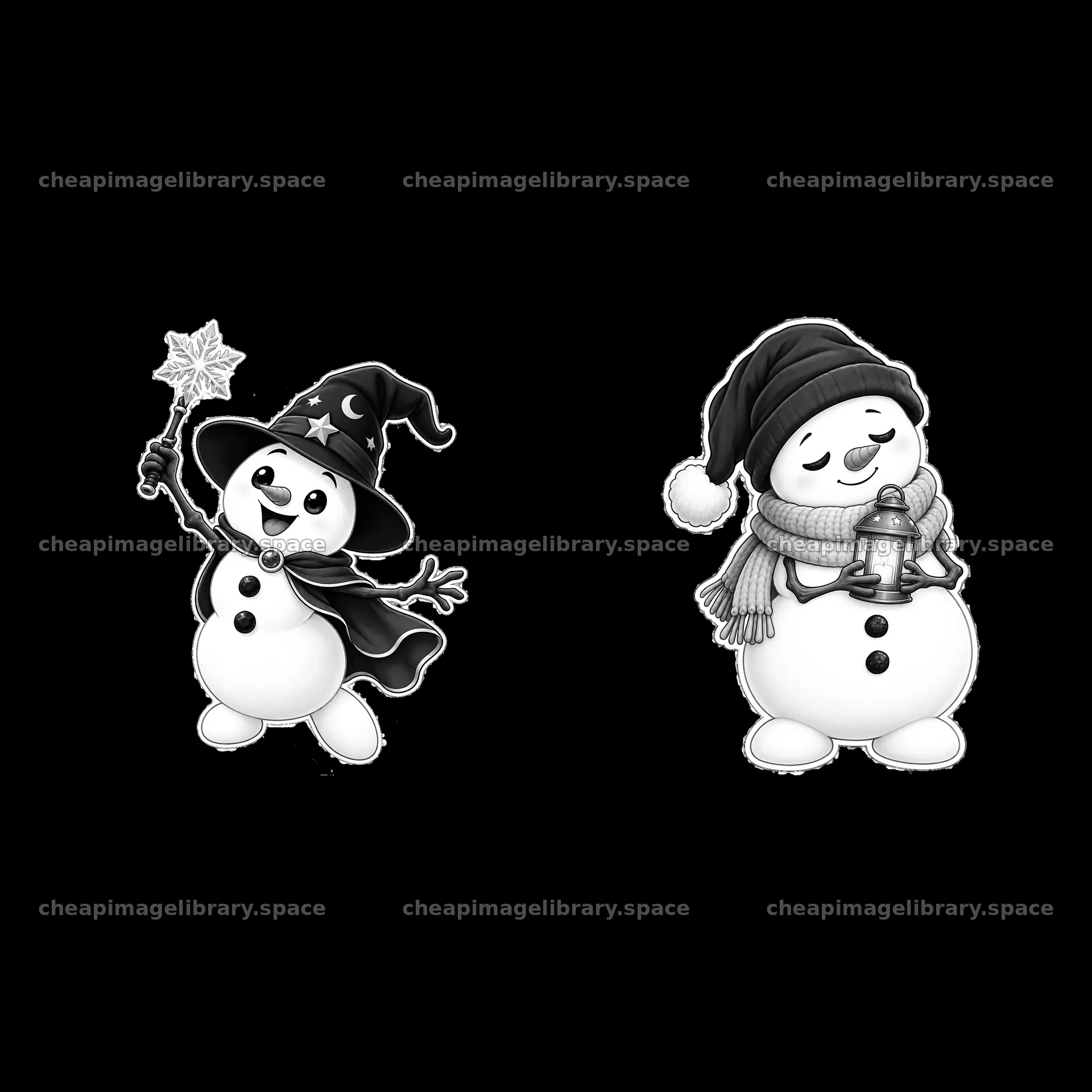 Snowmen characters with accessories and cheerful expressions – image library 7746x7746