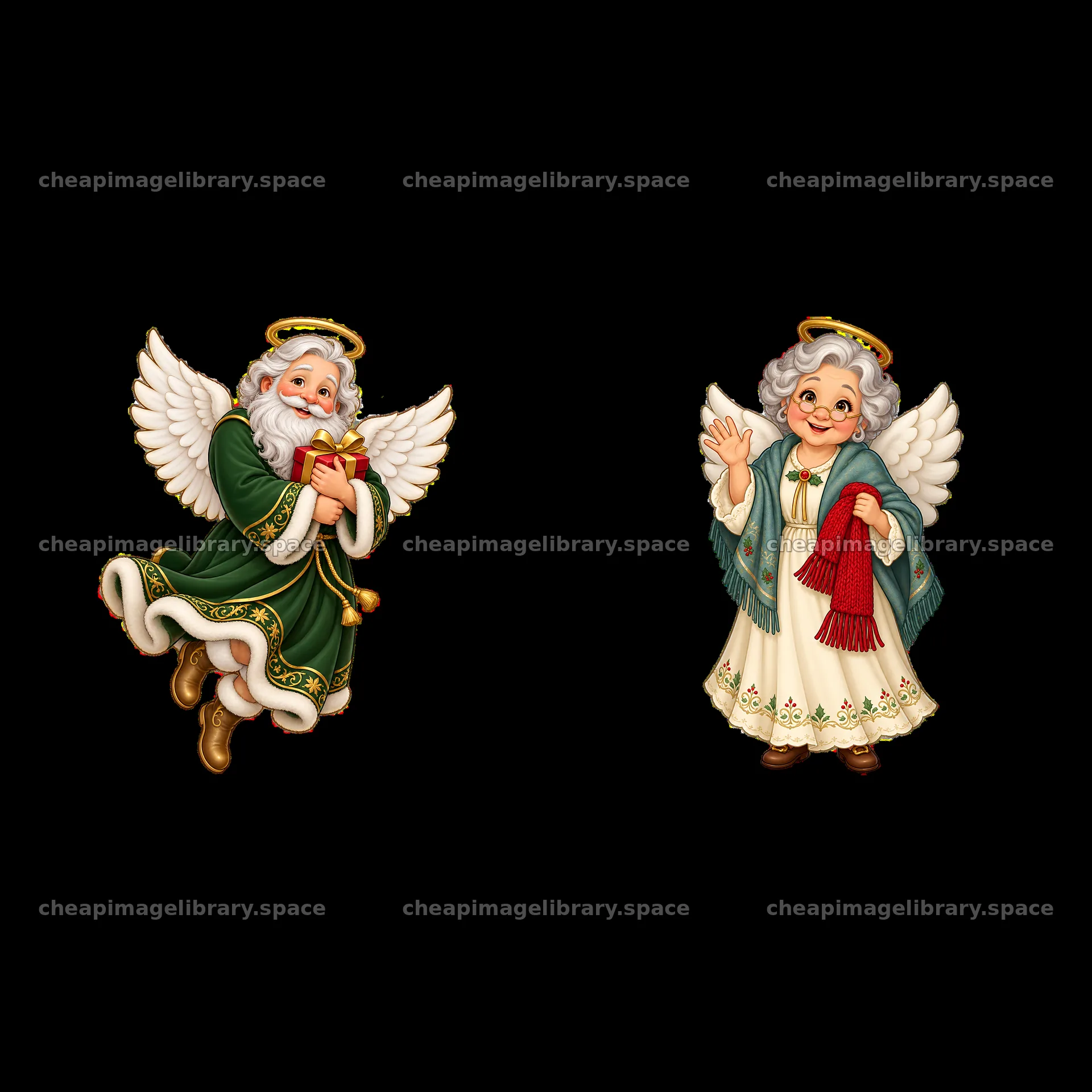 Two Christmas angels with gifts and waving hands – image library 7746x7746