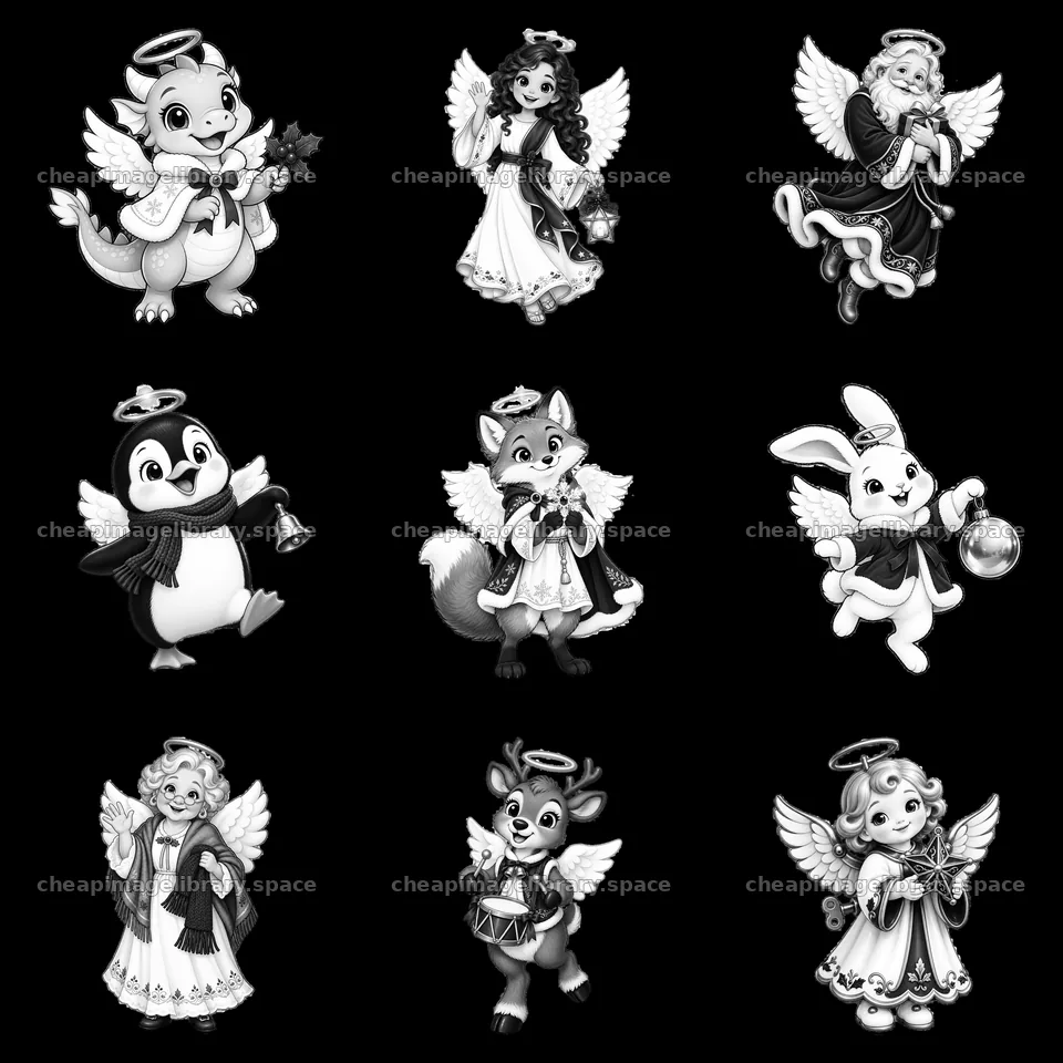 Christmas angel characters in a 3x3 grid layout – image library 7746x7746