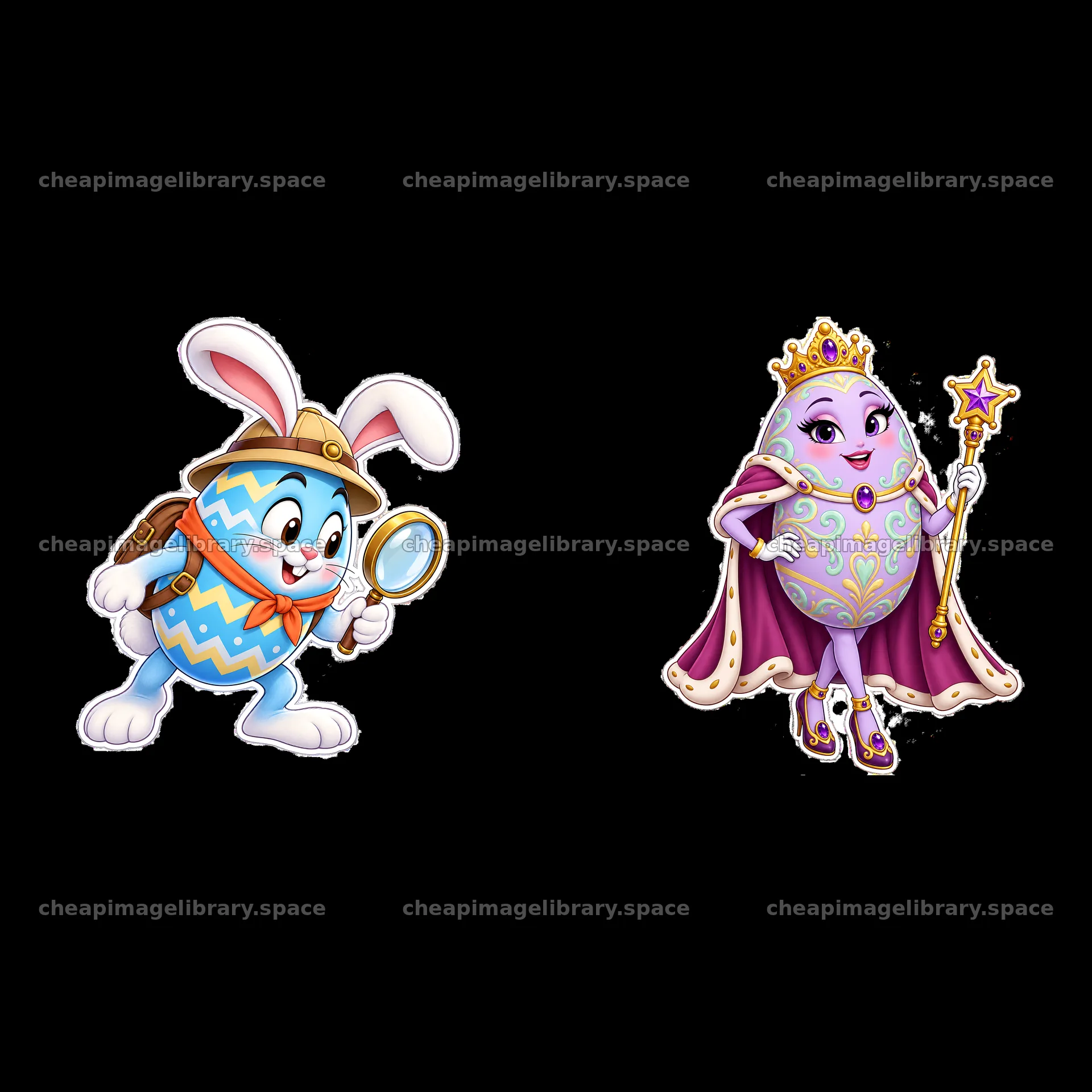 Easter egg characters with a curious bunny and a regal egg – image library 7746x7746