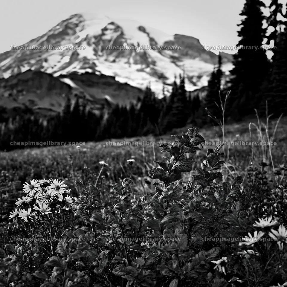 Mount Rainier wildflower meadow at sunrise – image library 7938x7938