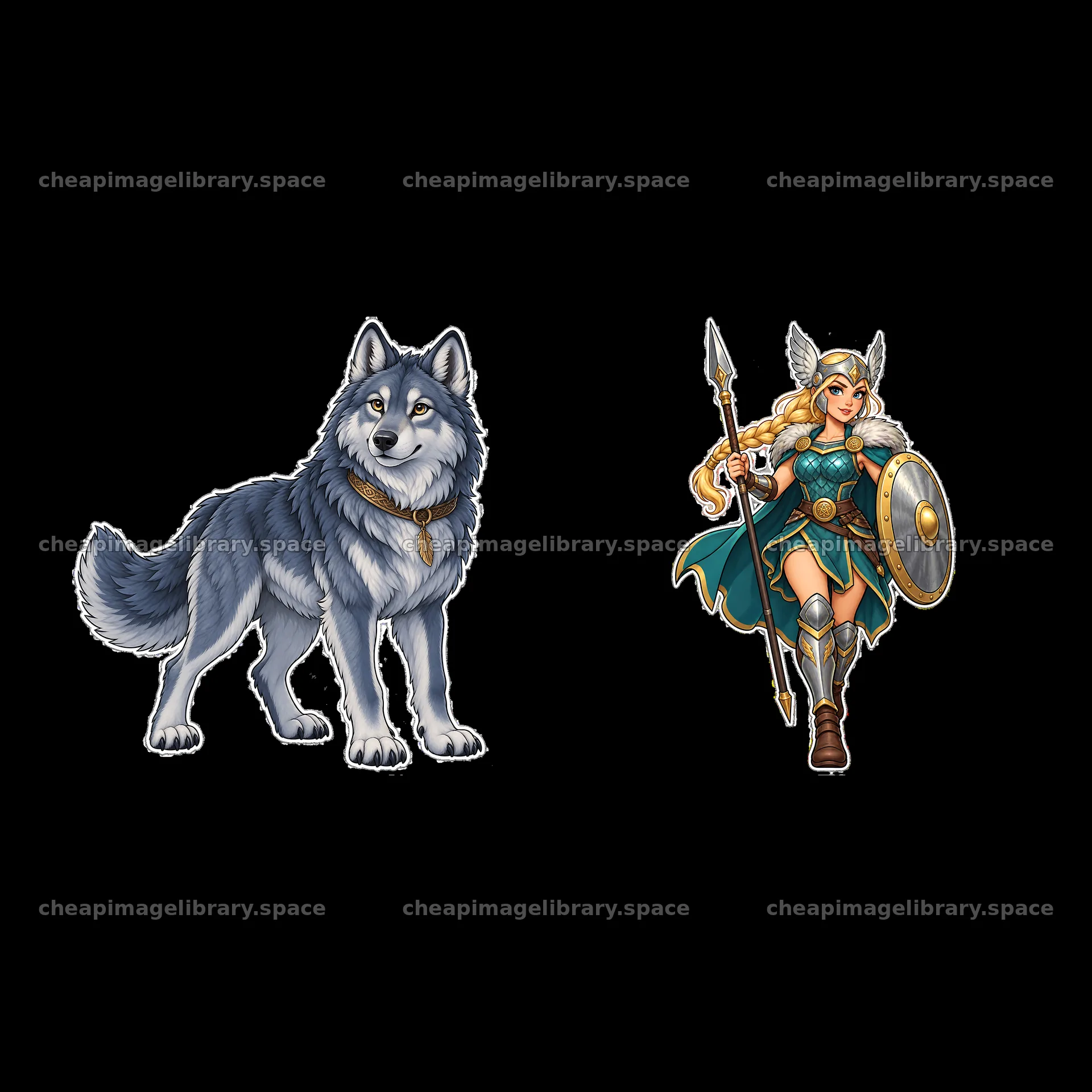 Odin the Norse All-Father with wolf companion in cartoon style – image library 7746x7746