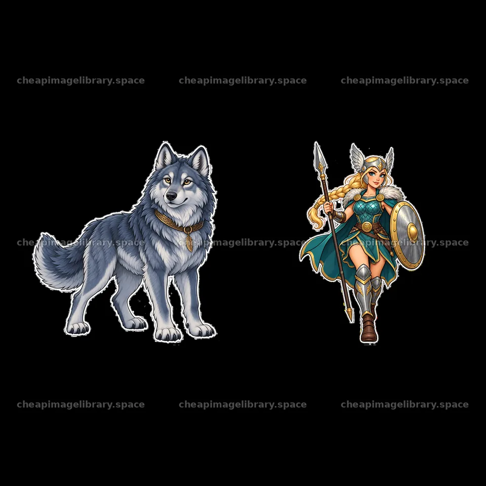Odin the Norse All-Father with wolf companion in cartoon style – image library 7746x7746