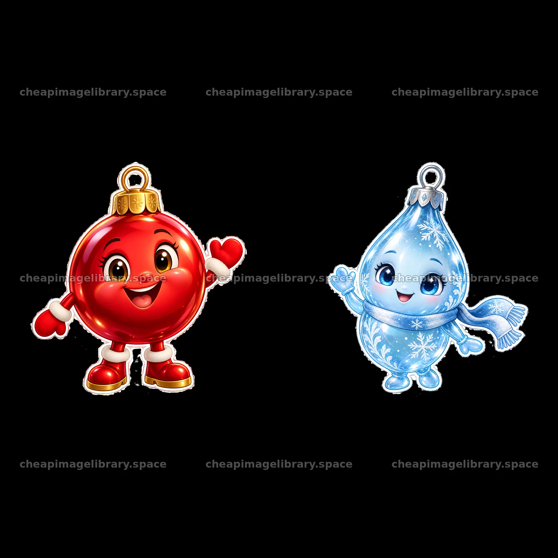 Friendly red and blue cartoon Christmas ornaments waving – image library 7746x7746
