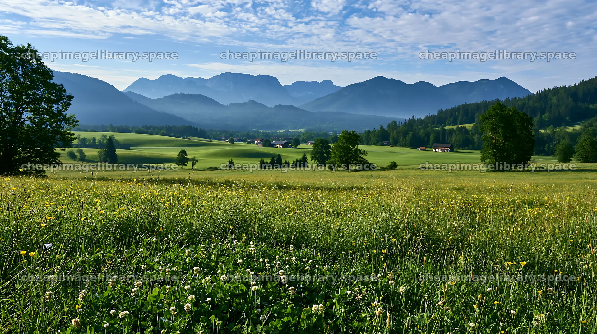 Rolling valley meadows with mountains in the background – image library 10608x5938