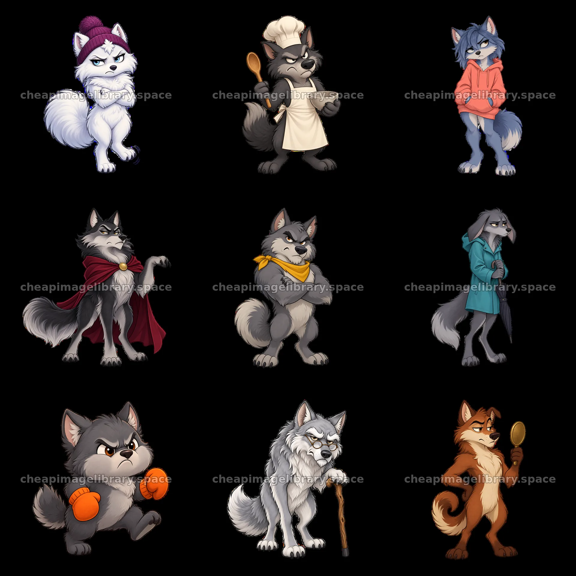 Grumpy wolf cartoon characters in various activities and outfits – image library 7746x7746