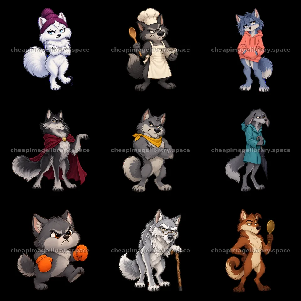 Grumpy wolf cartoon characters in various activities and outfits – image library 7746x7746