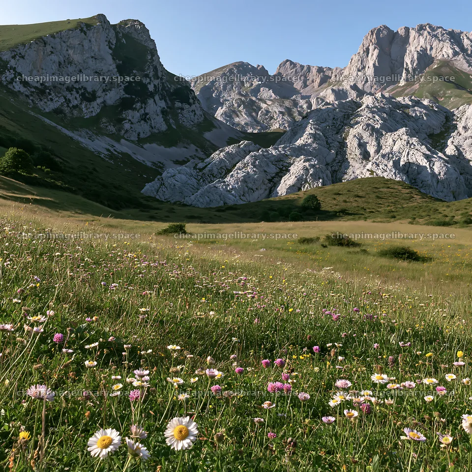 Meadow with flowers under rocky crags in daylight – image library 7938x7938