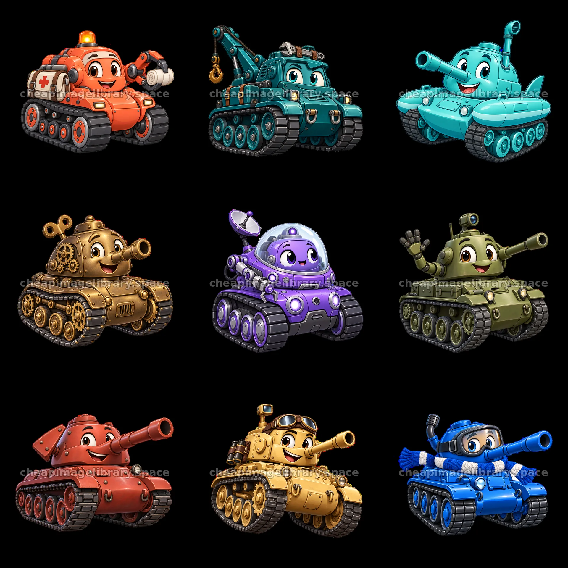 Colorful cartoon tanks with unique designs in a 3x3 layout – image library 7746x7746
