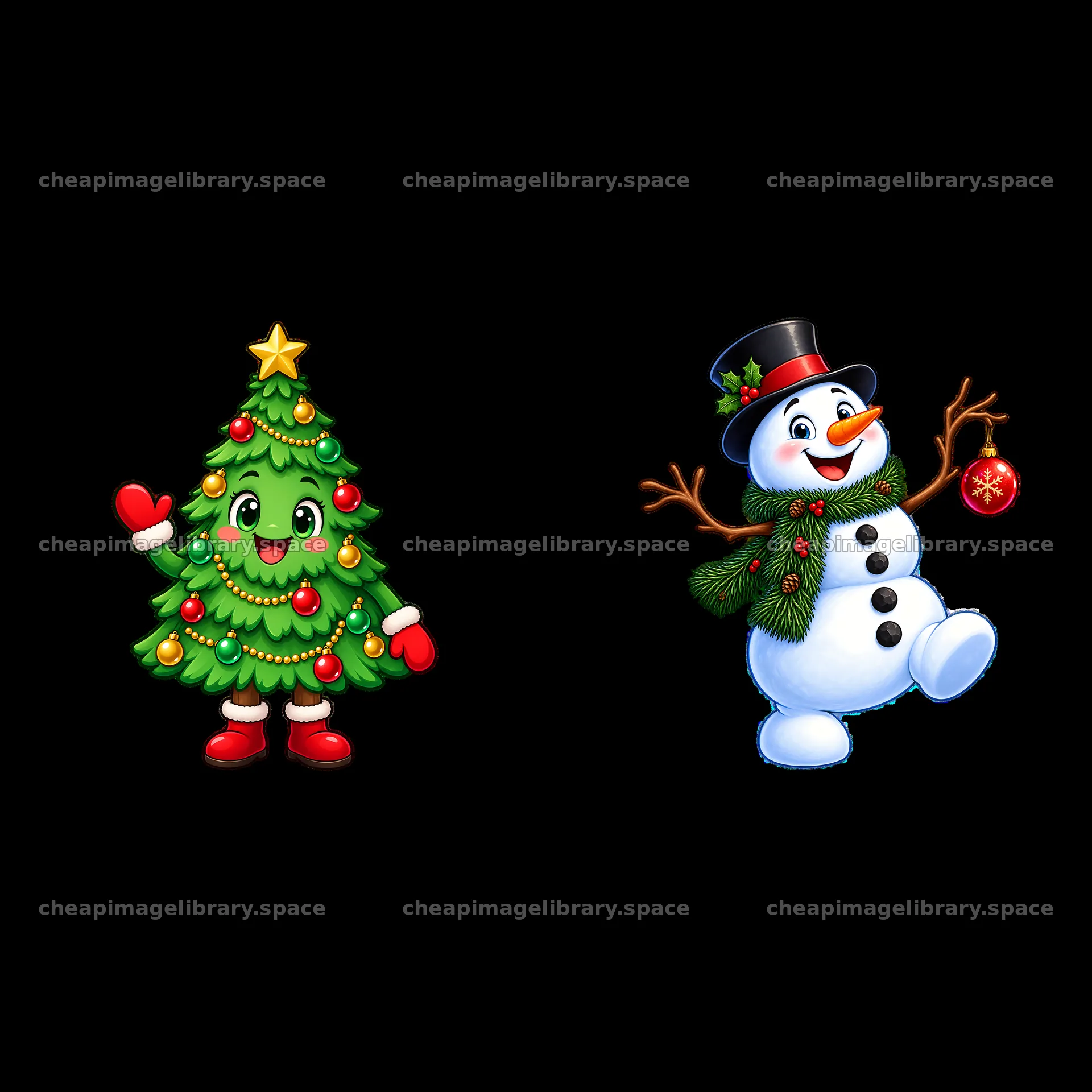 Cheerful Christmas tree and snowman sticker pair – image library 7746x7746