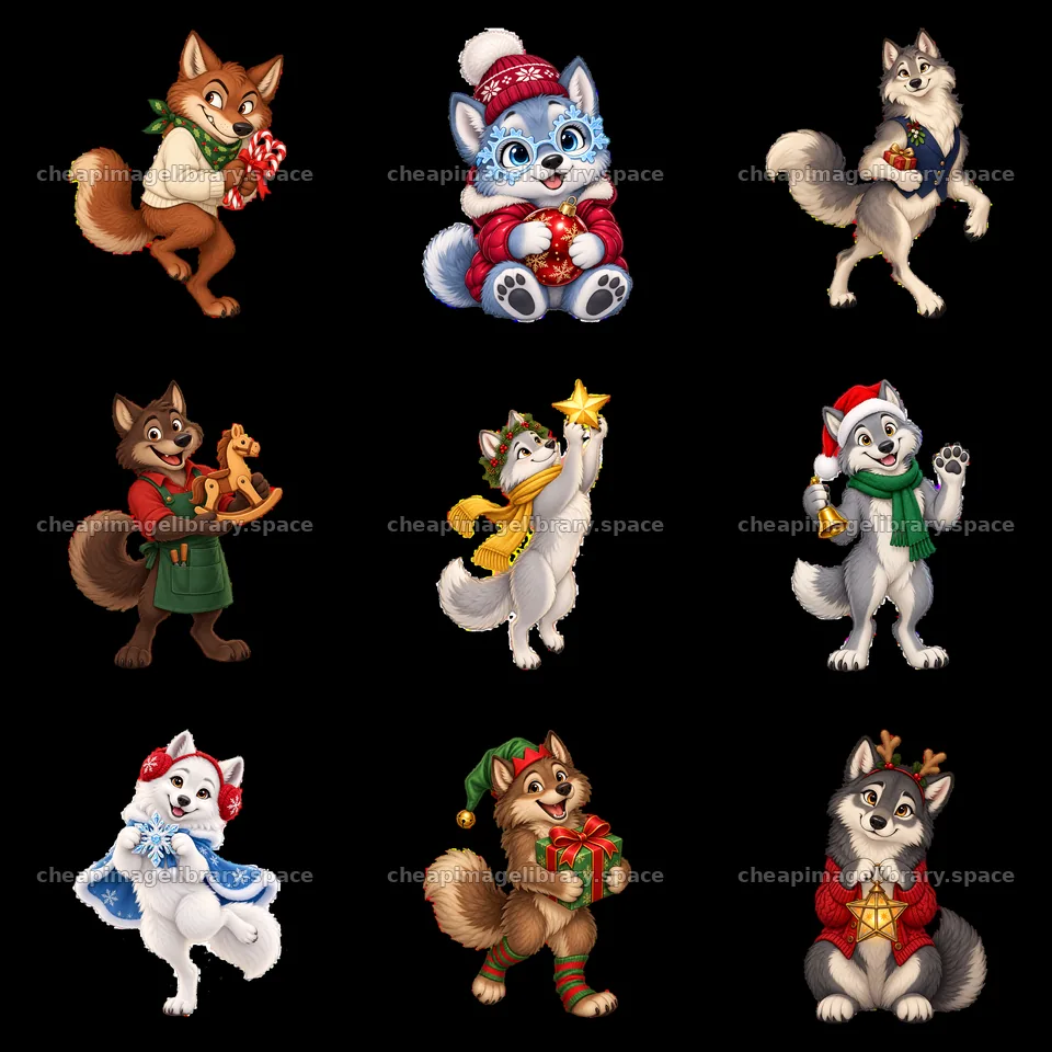 Christmas wolf characters celebrating the holiday season – image library 7746x7746