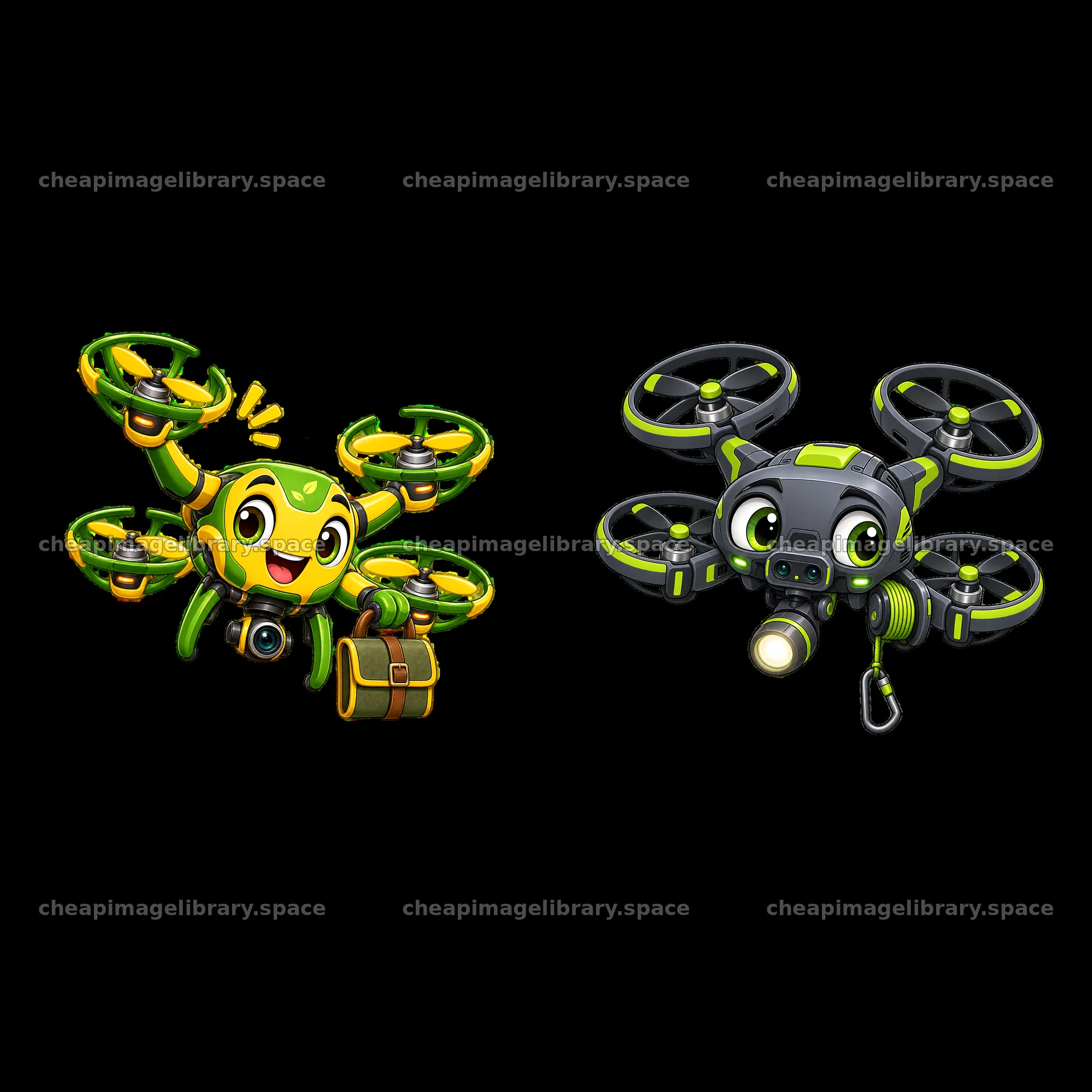 Cartoon drones with cheerful expressions and accessories – image library 7746x7746
