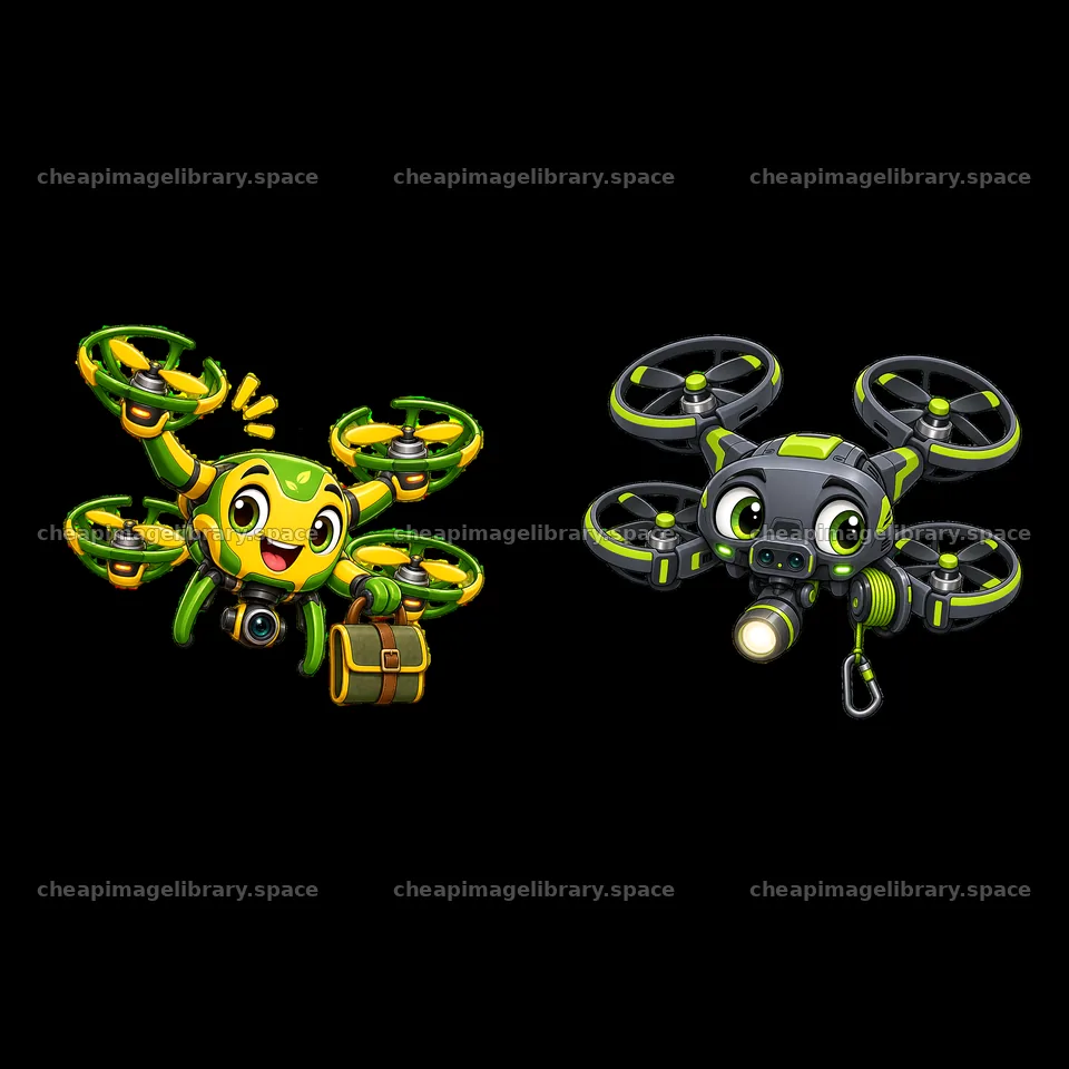 Cartoon drones with cheerful expressions and accessories – image library 7746x7746