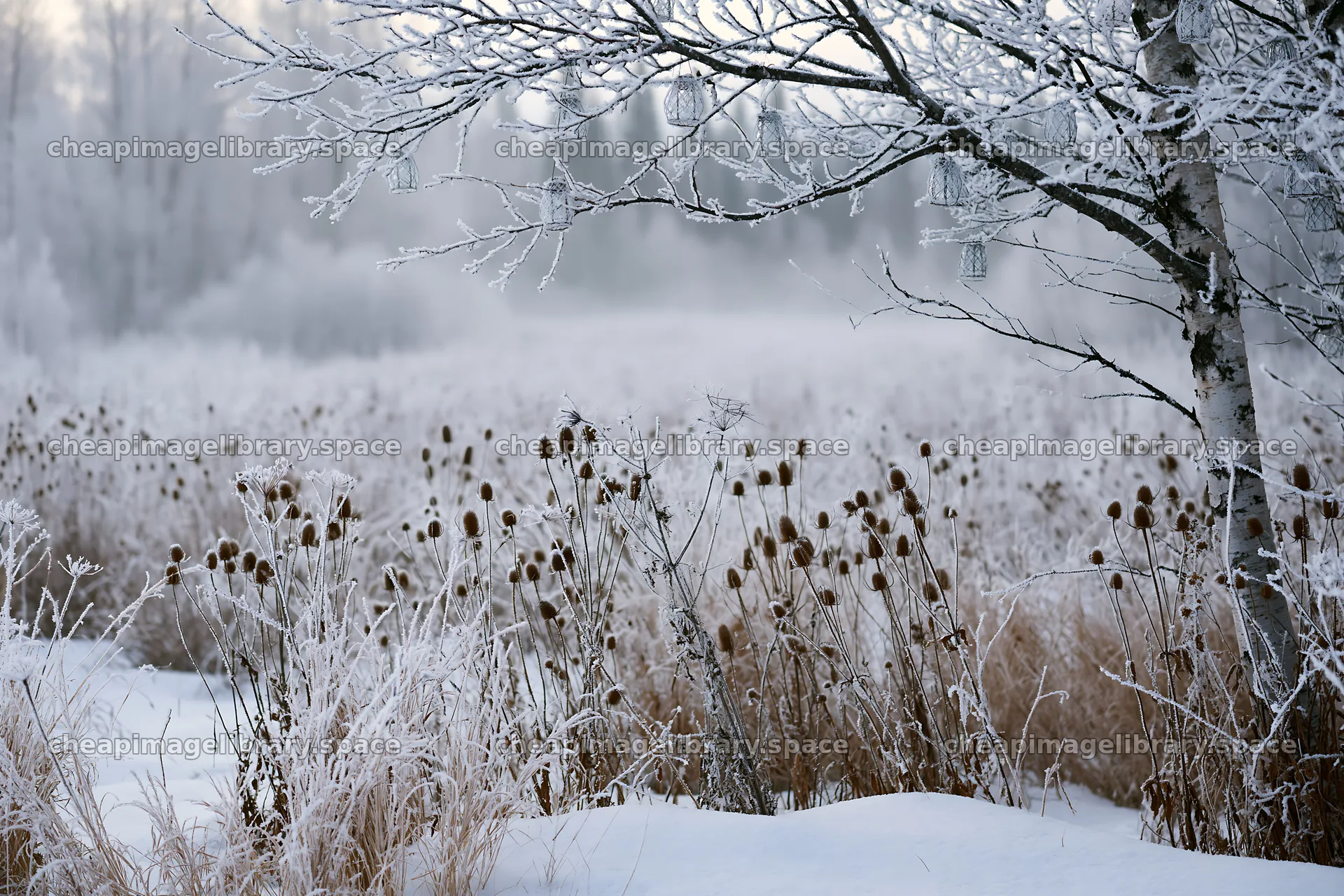 Frosted meadow with seedheads and lanterns during winter – image library 9722x6480