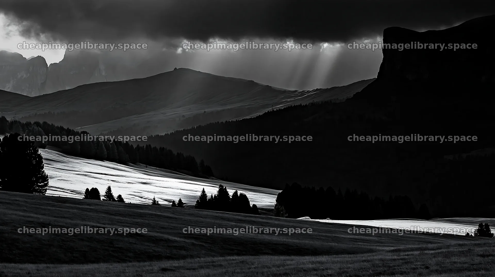 Sunbeams illuminate Alpe di Siusi meadow under dark clouds – image library 10608x5938