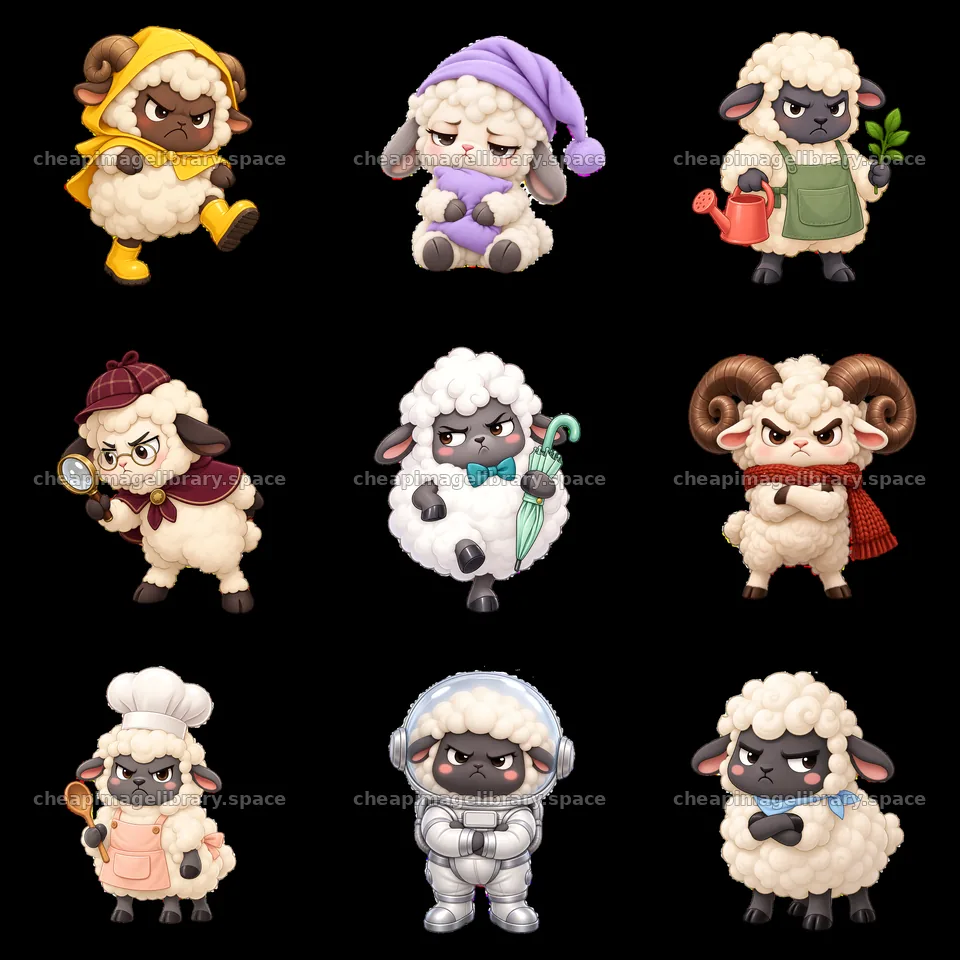 Kawaii grumpy sheep characters in various fun activities – image library 7746x7746