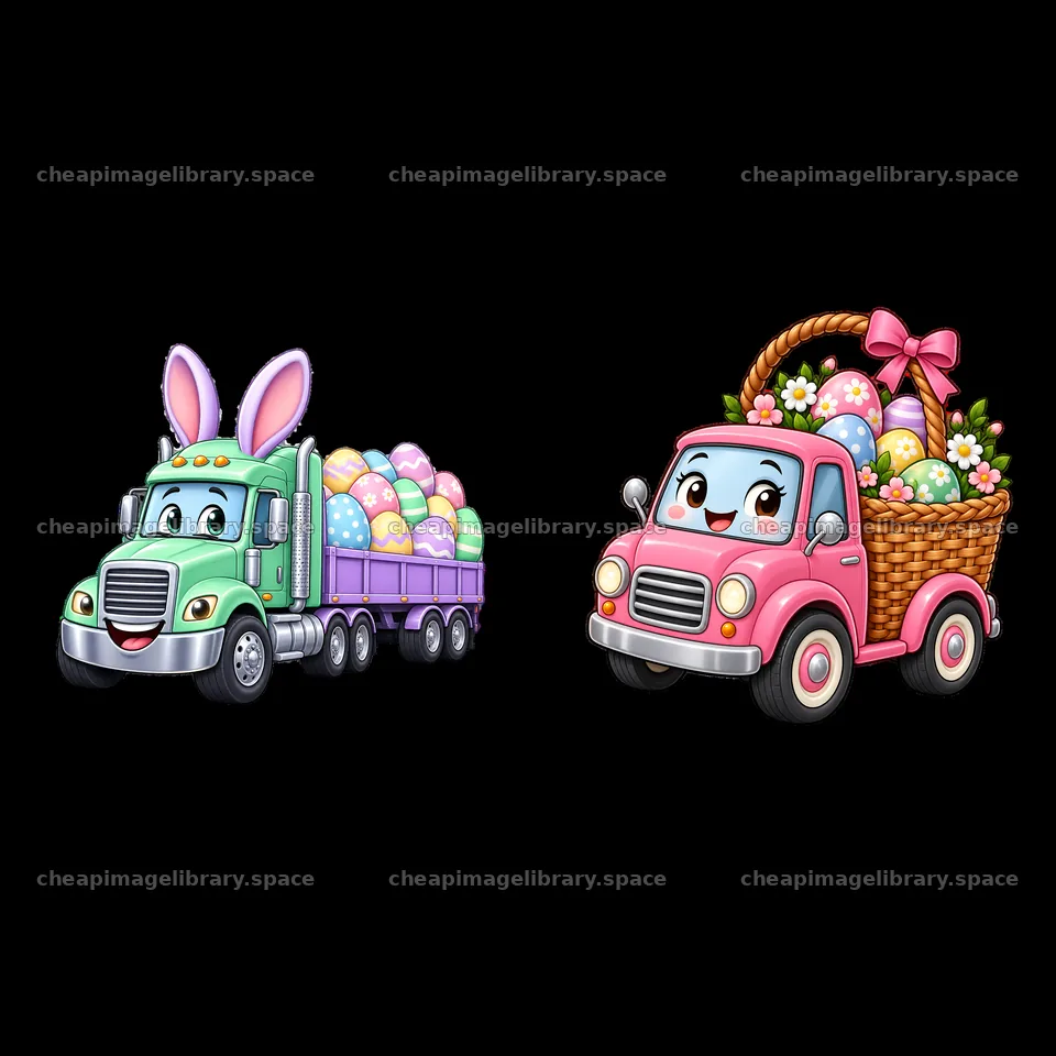 Easter truck with bunny ears and pink truck carrying eggs – image library 7746x7746