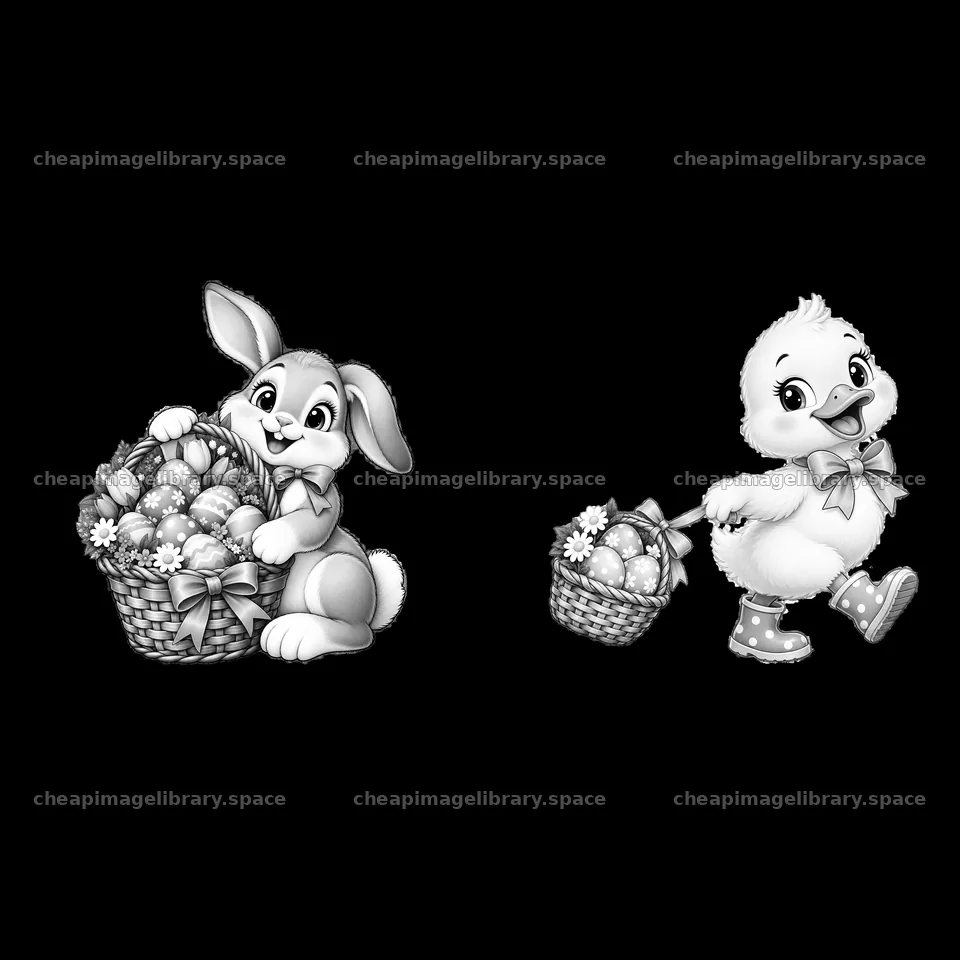 Cartoon rabbit and duck with Easter basket and eggs – image library 7746x7746