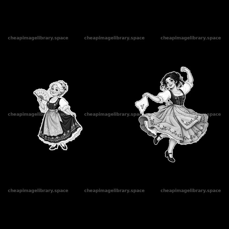 Women in traditional folk dress holding fans in black and white – image library 7746x7746