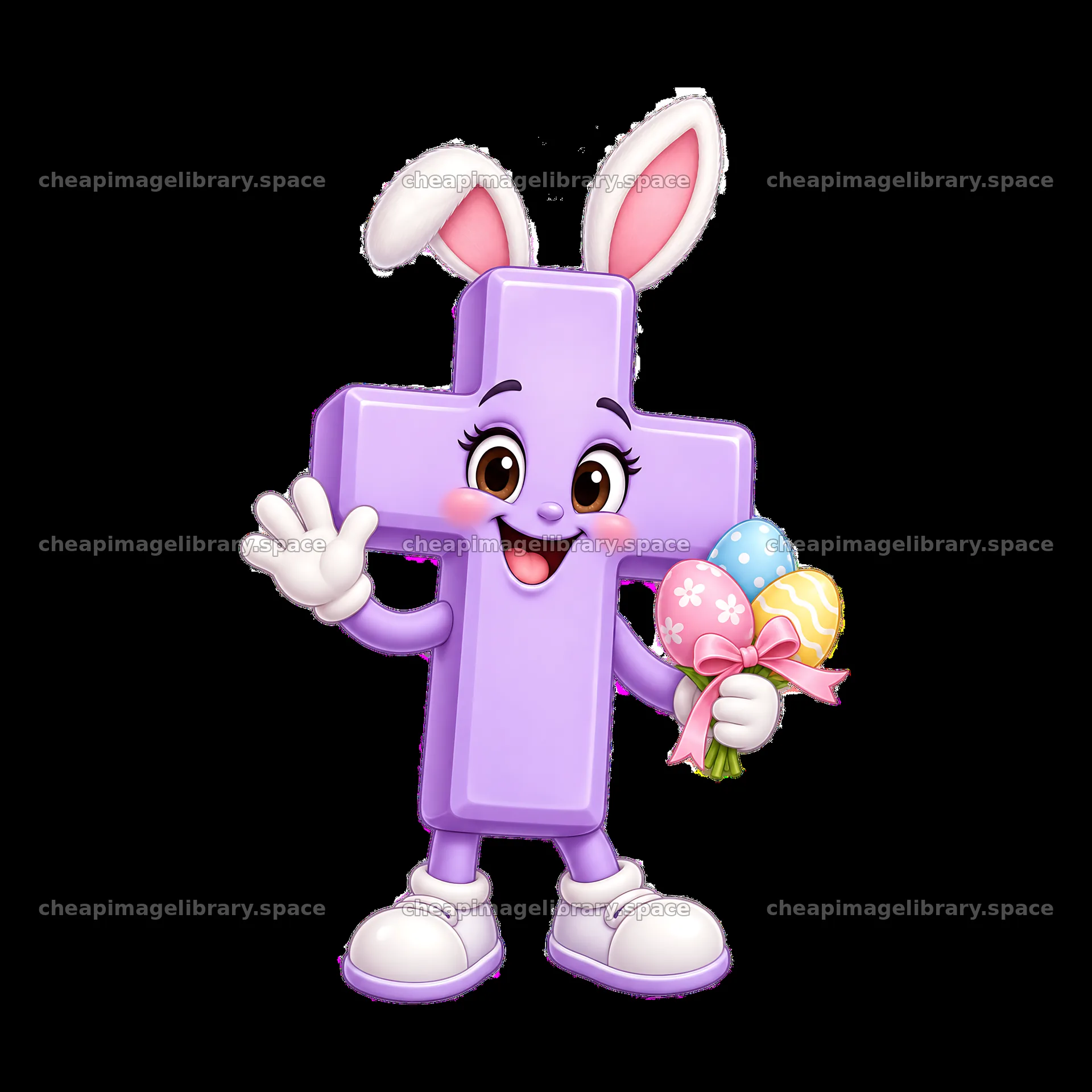 A fun cartoon character shaped like a purple cross is waving – image library 7746x7746