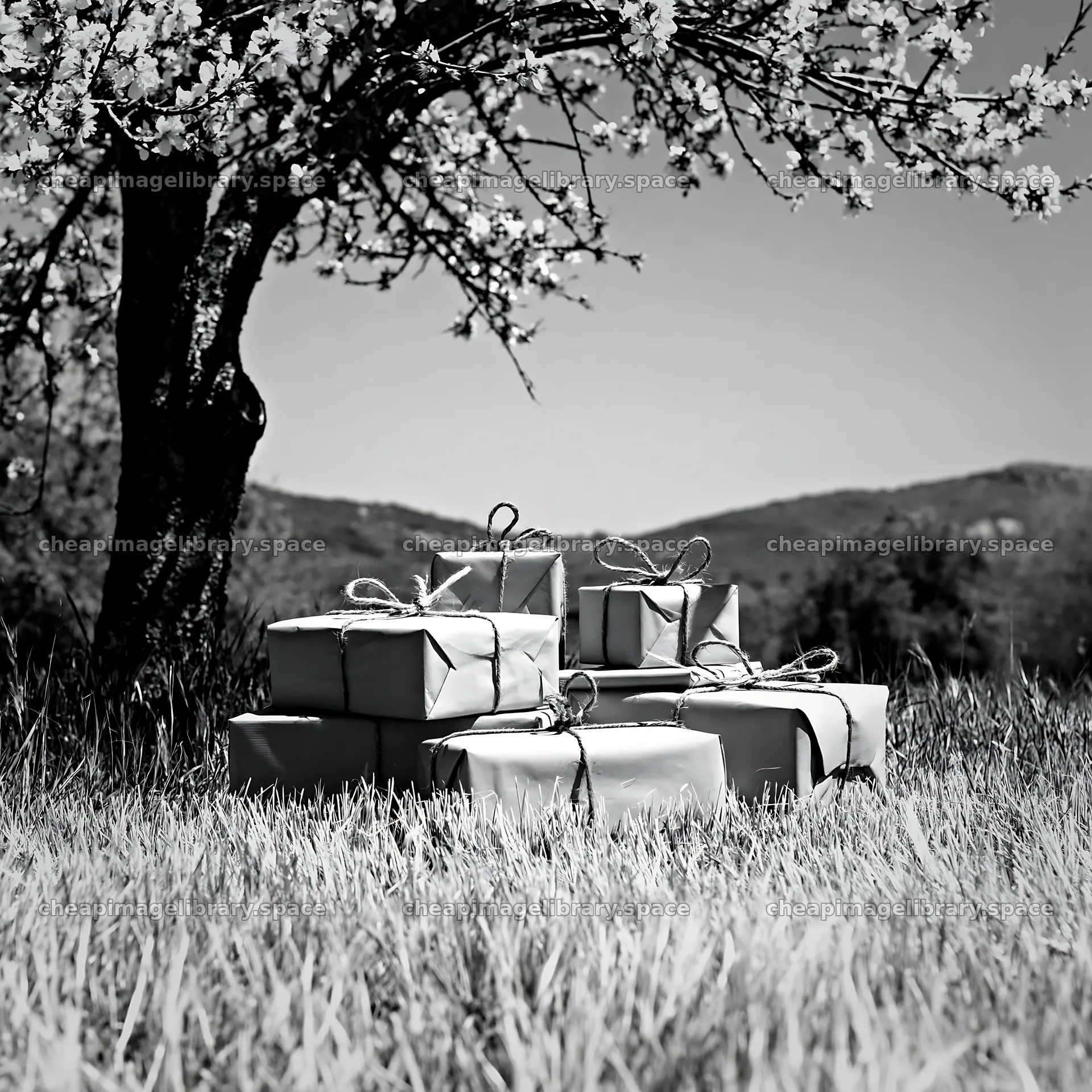 Presents under a tree in a field on a sunny day – image library 7938x7938