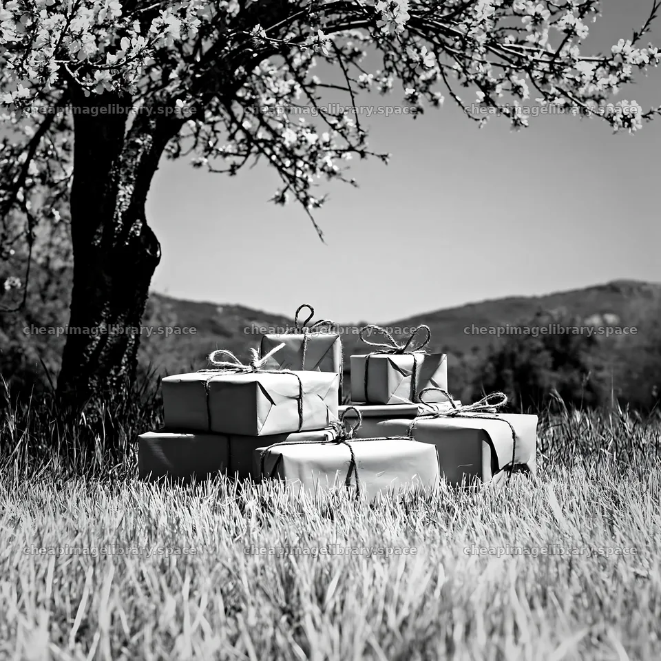 Presents under a tree in a field on a sunny day – image library 7938x7938