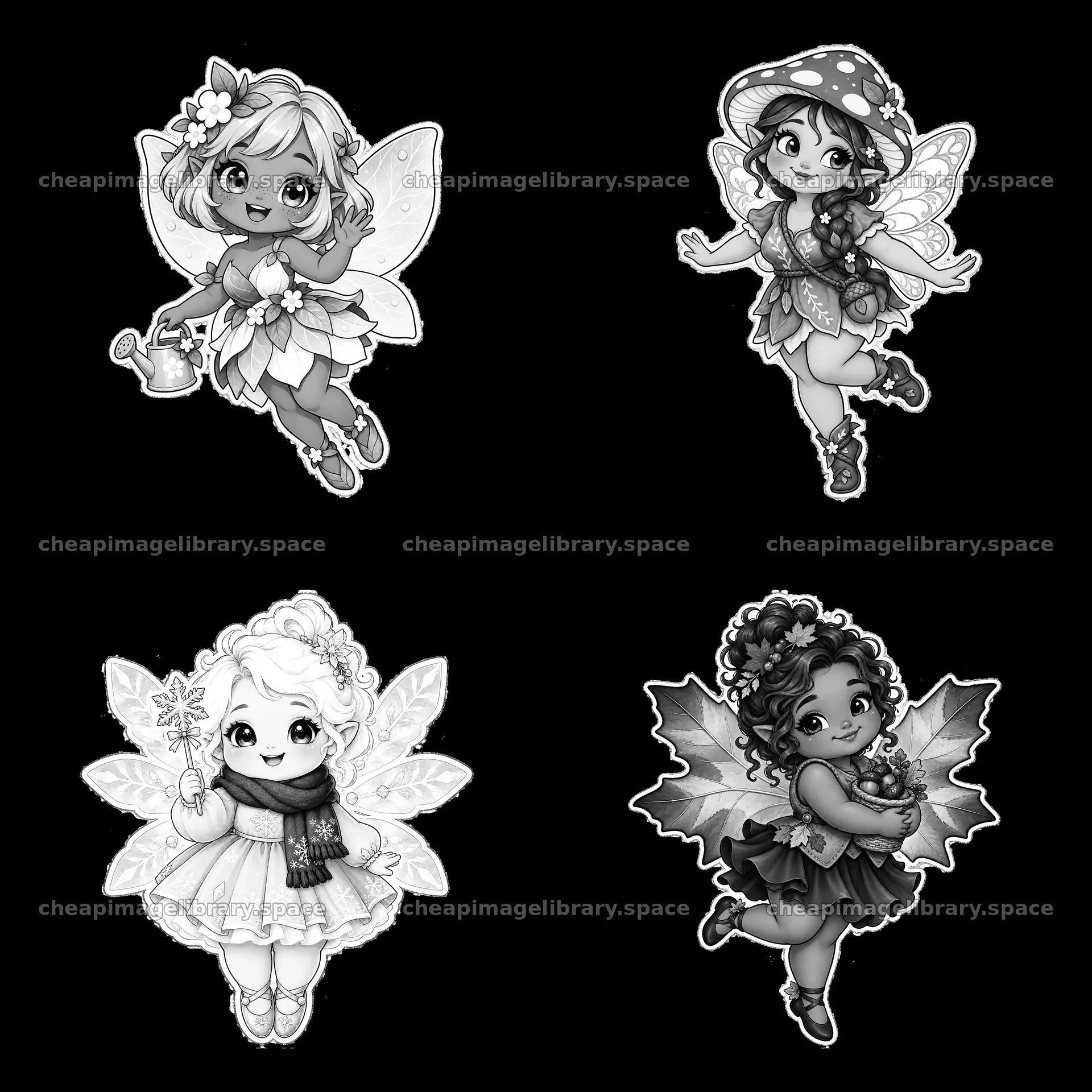 Kawaii chubby fairies with distinct themes and poses in a grid – image library 7746x7746