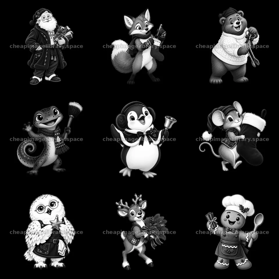 Christmas characters gathering around a fireplace in black and white – image library 7746x7746