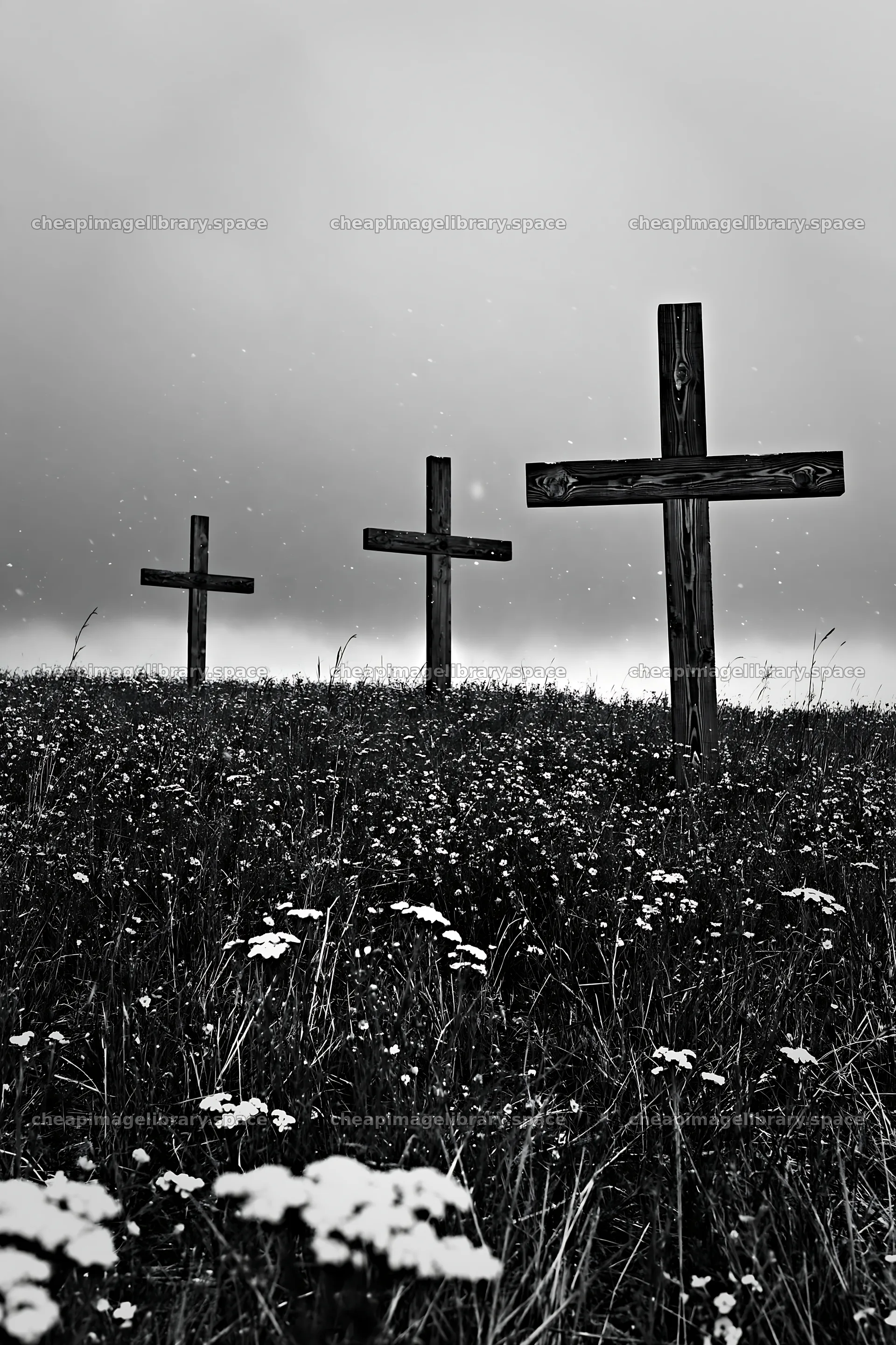Rustic crosses stand in a winter meadow under cloudy skies – image library 6480x9722