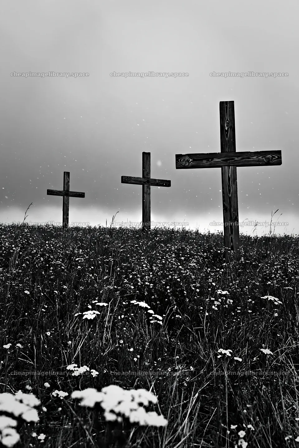 Rustic crosses stand in a winter meadow under cloudy skies – image library 6480x9722