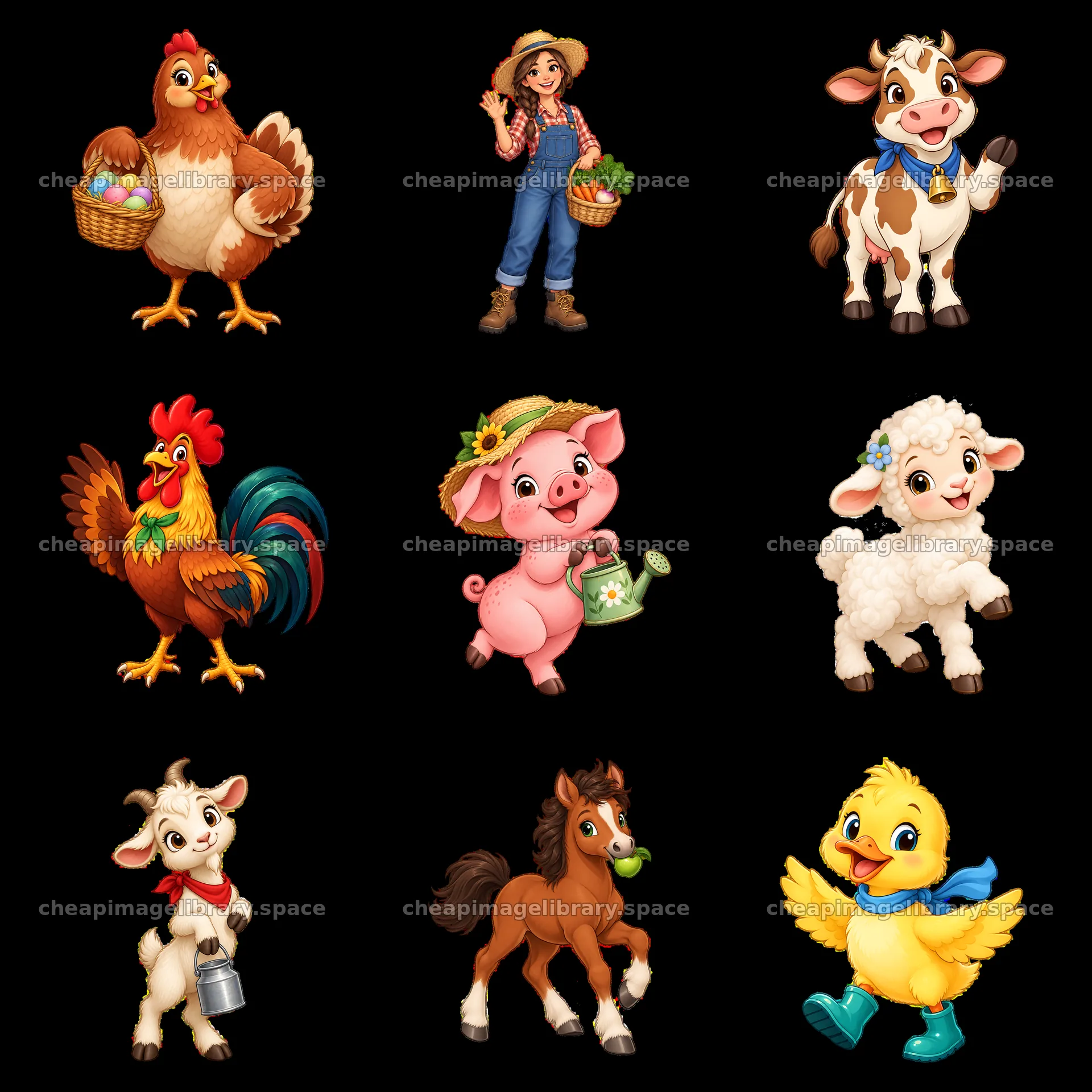Farm animals and farmer cartoon stickers arranged in a grid – image library 7746x7746