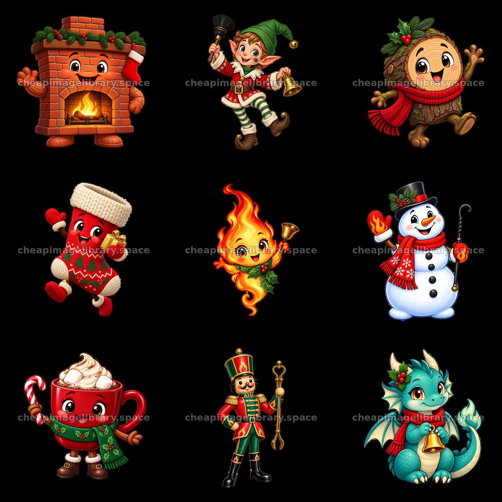 Cartoon sticker collection of Christmas characters by a fireplace – image library 7746x7746