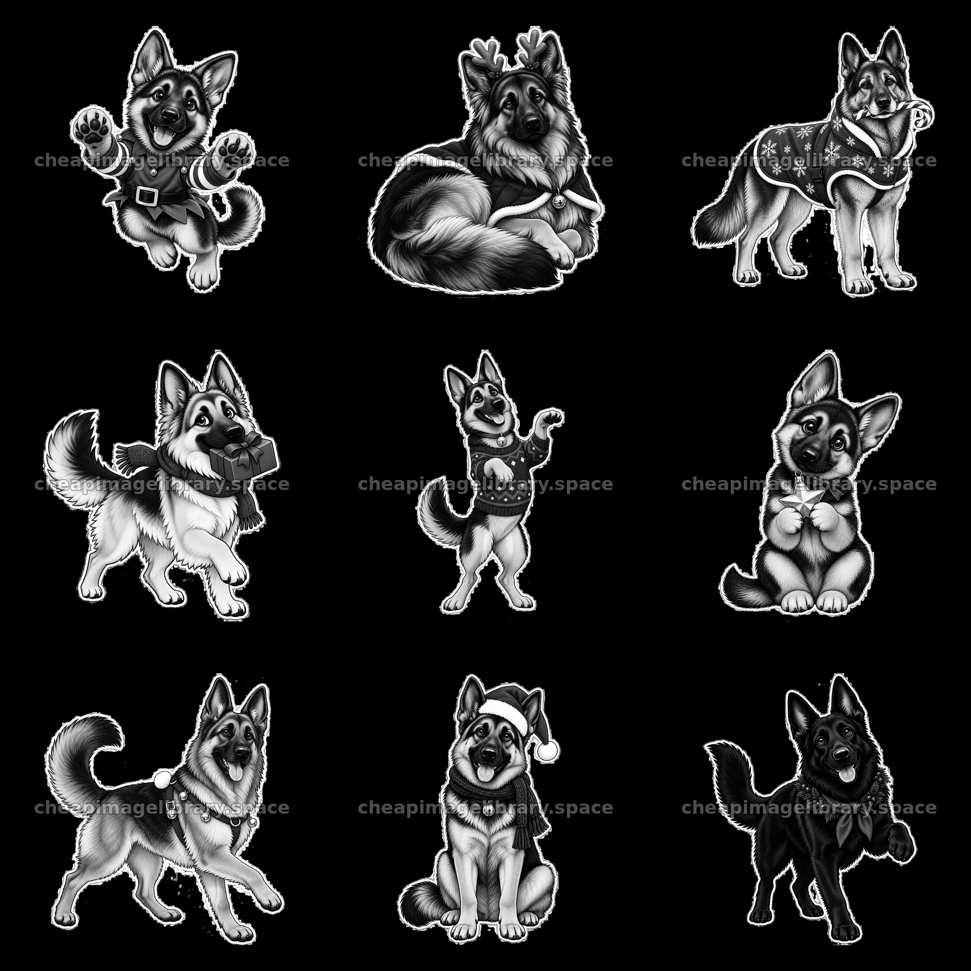 Christmas German Shepherd cartoon stickers in a 3x3 layout – image library 7746x7746