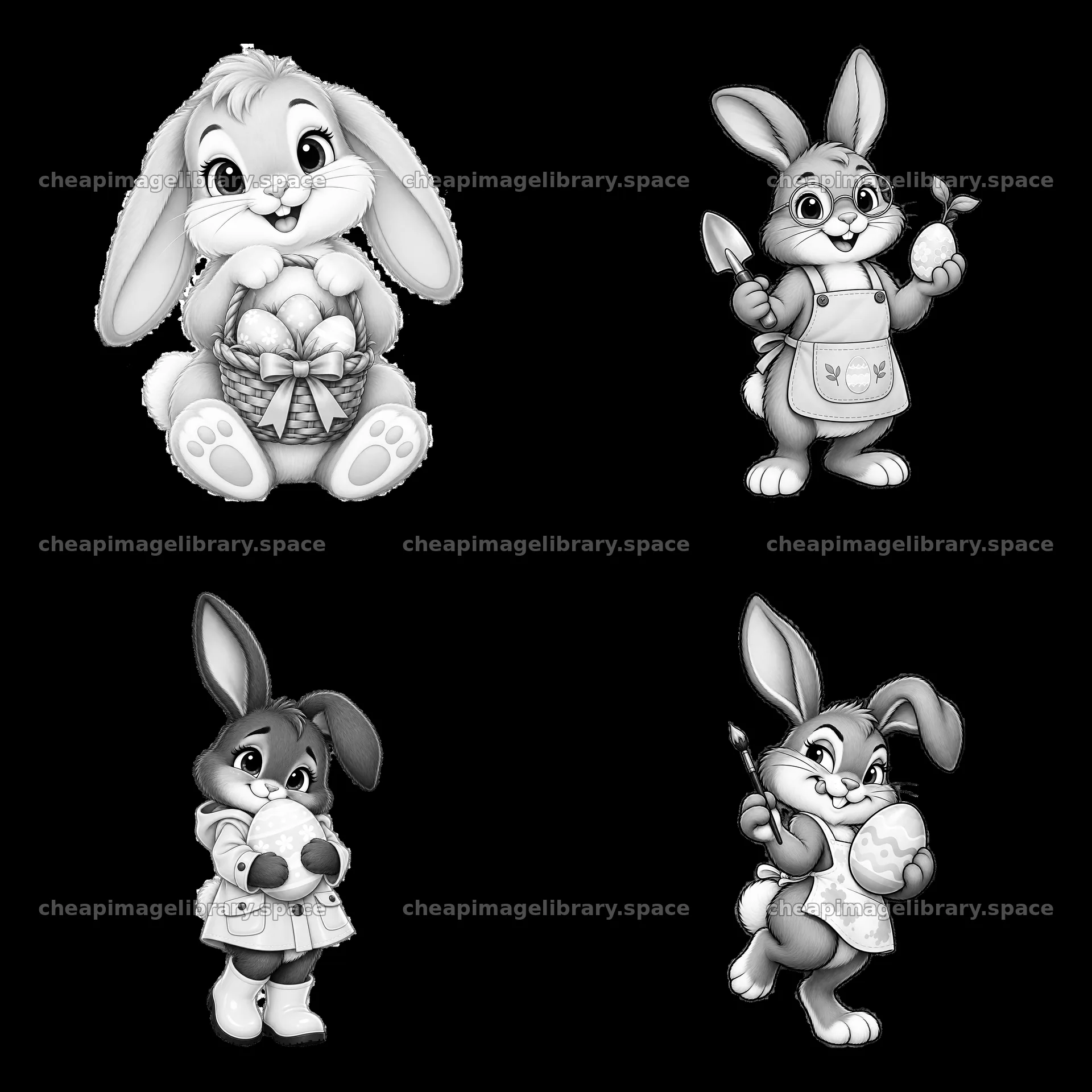 Four cartoon bunnies with eggs in different poses – image library 7746x7746