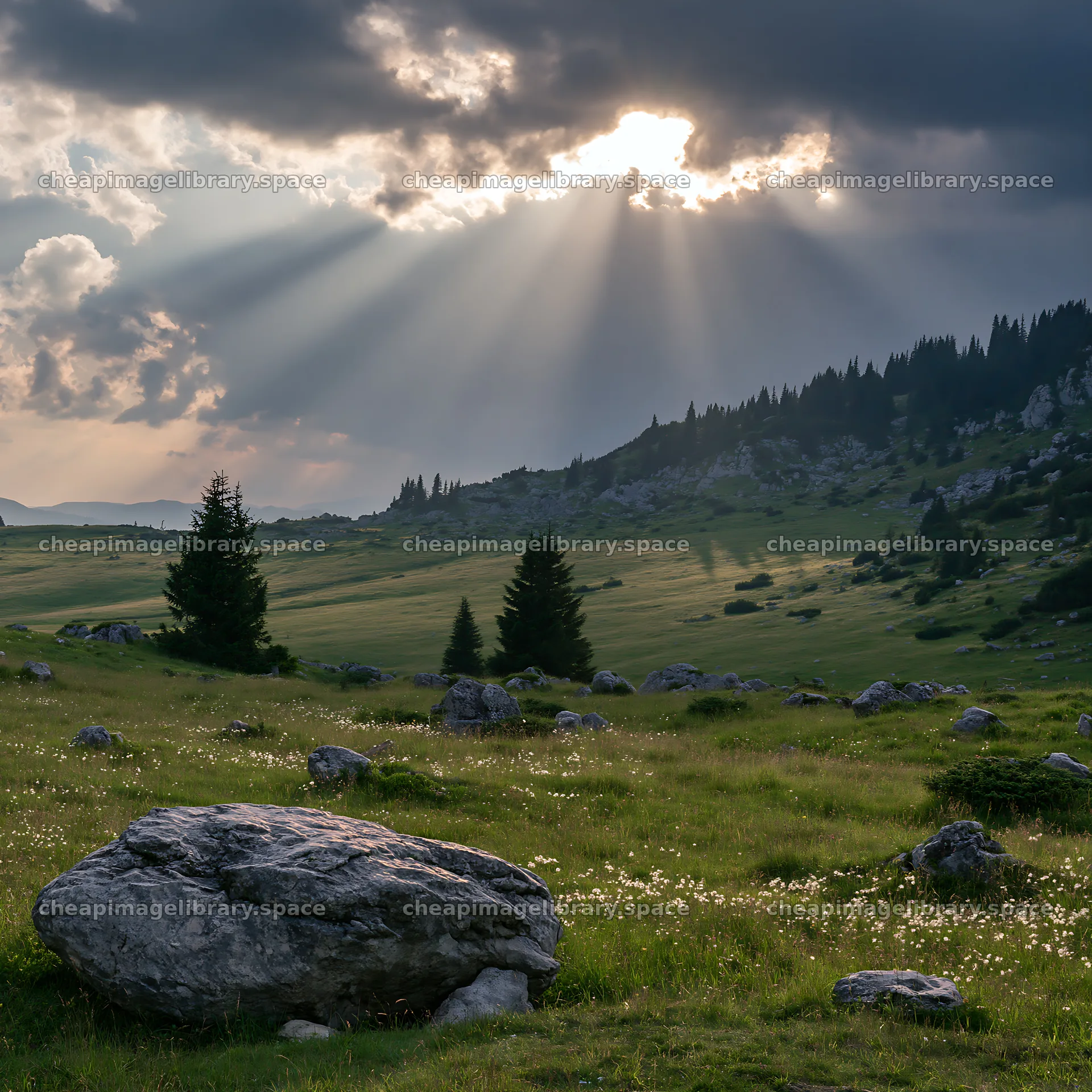 Bucegi Mountains meadow light rays enhance the rocky landscape – image library 7938x7938