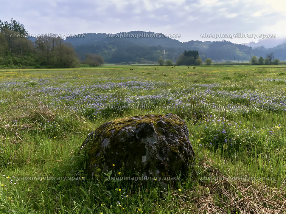 Miyagi spring recovery meadow with mossy stone and flowers – image library 9174x6866